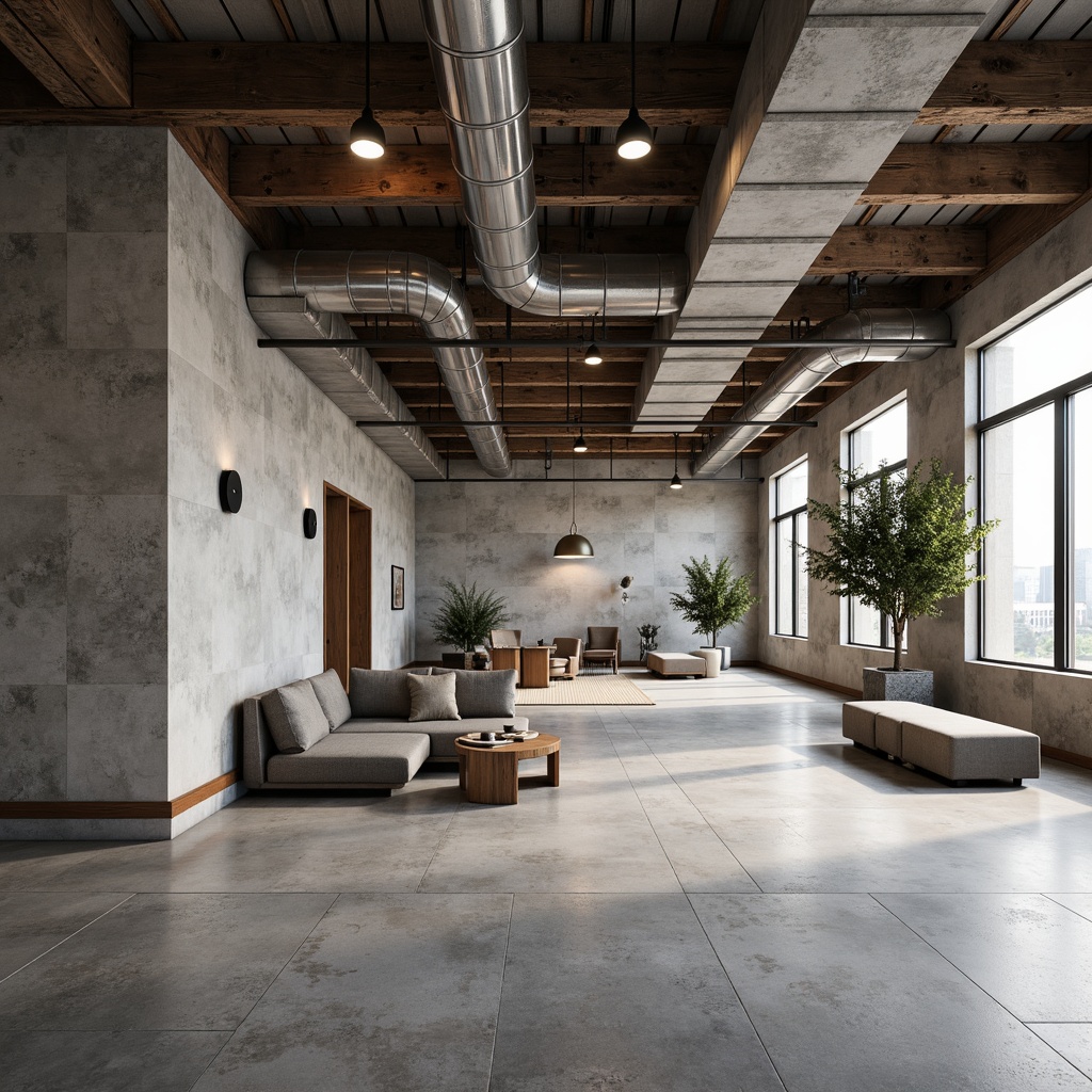 Prompt: Exposed ductwork, polished concrete floors, industrial-chic lighting fixtures, reclaimed wooden accents, metal beams, urban loft atmosphere, raw concrete walls, minimalist decor, modern industrial architecture, functional spaces, neutral color palette, high ceilings, large windows, natural light, airy feel, 3/4 composition, shallow depth of field, realistic textures.