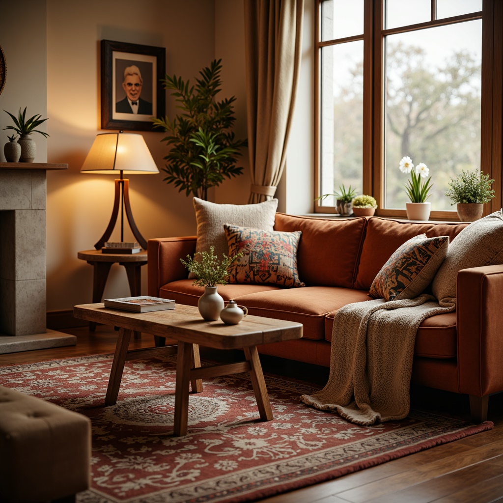 Prompt: Cozy living room, plush velvet sofa, soft cashmere throw blankets, patterned Moroccan-inspired rugs, warm beige walls, rustic wooden coffee table, comfortable oversized pillows, elegant floor lamps, natural linen curtains, stylish geometric patterns, vibrant colorful accents, ambient warm lighting, shallow depth of field, 3/4 composition, realistic textures, inviting atmosphere.