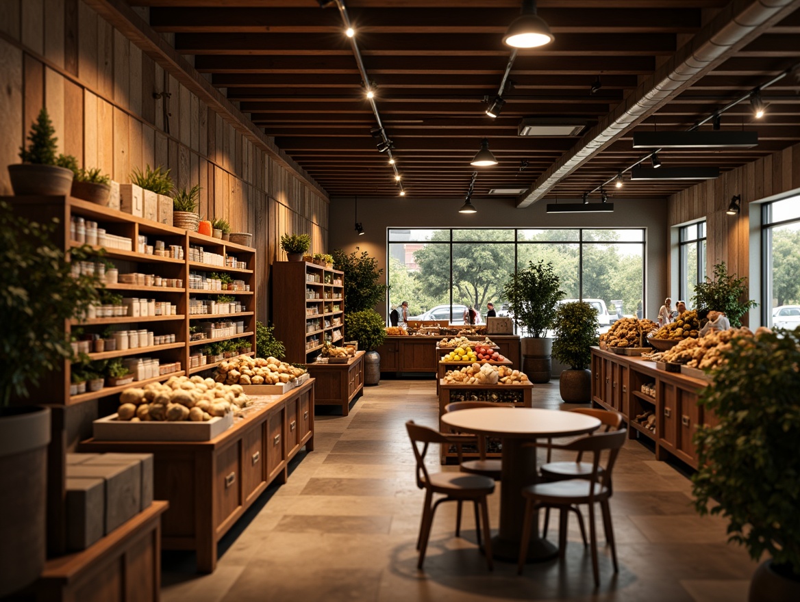 Prompt: Warm and inviting grocery store interior, soft warm lighting, LED track lights, suspended ceiling fixtures, pendant lamps, cozy corner displays, rustic wooden shelves, earthy tone color scheme, natural stone flooring, ambient warm glow, subtle shadowing, shallow depth of field, 2/3 composition, intimate atmosphere, relaxing ambiance, comforting product displays.