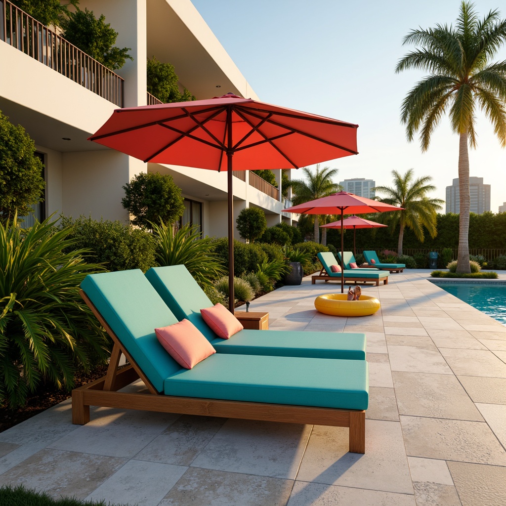 Prompt: Vibrant poolside lounge chairs, bright turquoise throw pillows, coral-hued umbrellas, sunny yellow pool floats, lush green tropical plants, natural stone decking, iridescent glass tile accents, modern curved lines, sleek metal railings, refreshing misting systems, warm golden lighting, shallow depth of field, 3/4 composition, panoramic view, realistic textures, ambient occlusion.