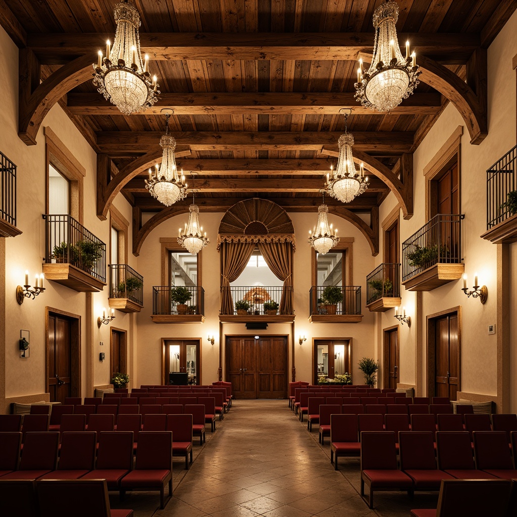 Prompt: Rustic wooden beams, distressed stone walls, soft warm lighting, grand chandeliers, ornate metalwork, velvet drapes, plush seating, rich wood tones, classic French country style, elegant auditorium design, high ceilings, dramatic cove lighting, subtle color palette, warm beige tones, creamy whites, soft golden accents, ambient sidelighting, intimate spotlights, lavish crystal fixtures, refined architectural details, sophisticated textures, realistic materials, 3/4 composition, shallow depth of field, cinematic mood lighting.