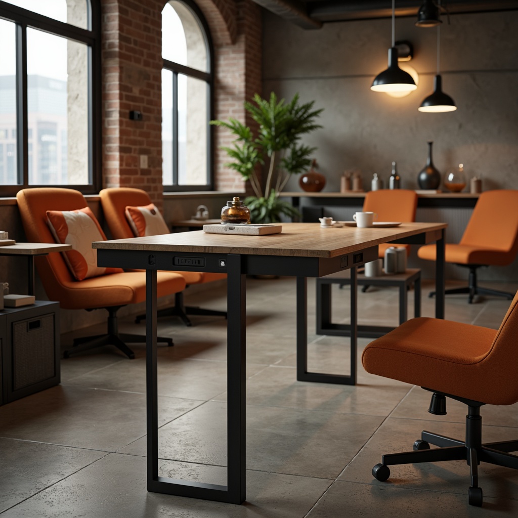 Prompt: Modern minimalist table, sleek metal legs, wooden or glass top, ergonomic design, functional storage, built-in USB ports, charging stations, adjustable height settings, cozy reading nook, soft warm lighting, shallow depth of field, 3/4 composition, realistic textures, ambient occlusion, urban loft space, exposed brick walls, concrete floors, industrial-chic decor, comfortable seating areas, vibrant accent colors, geometric patterns, metallic accents.