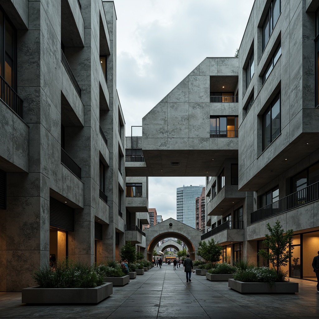 Prompt: Rugged cultural center, brutalist architecture, textured concrete surfaces, raw unfinished edges, angular geometric forms, monumental scale, dramatic natural light, moody atmospheric shadows, industrial-style metal accents, exposed ductwork, poured-in-place concrete walls, fortress-like structures, urban cityscape backdrop, overcast sky, high-contrast lighting, deep depth of field, 2/3 composition, cinematic framing, gritty realistic textures.