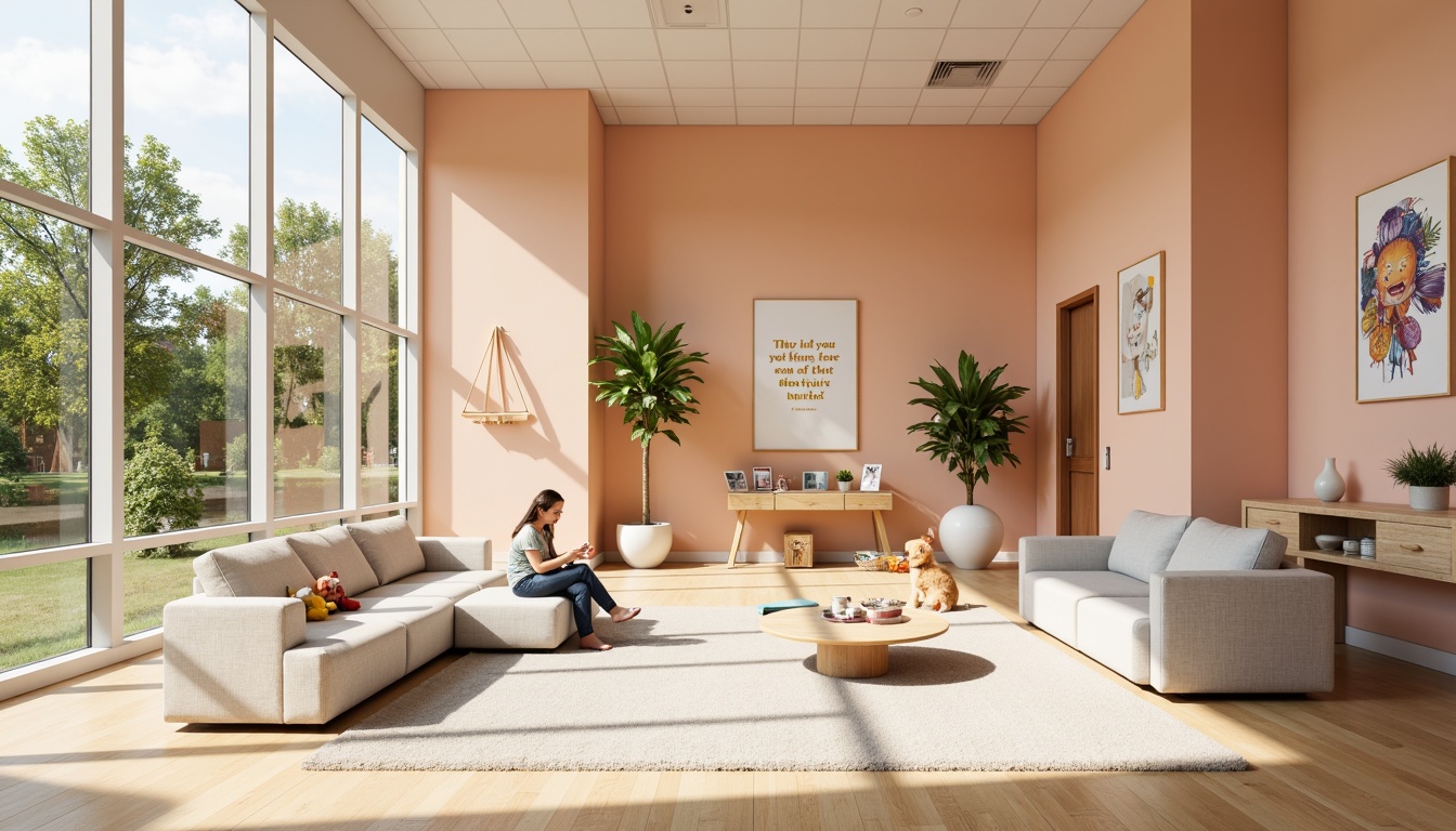 Prompt: Calming youth center, pastel color scheme, soft peach walls, creamy white furniture, warm beige flooring, natural wood accents, cozy reading nooks, plush cushions, vibrant greenery, floor-to-ceiling windows, abundant sunlight, softbox lighting, gentle shadows, minimalist decor, inspirational quotes, educational posters, playful artwork, relaxed seating areas, soothing music ambiance, 1/1 composition, shallow depth of field, realistic textures, ambient occlusion.