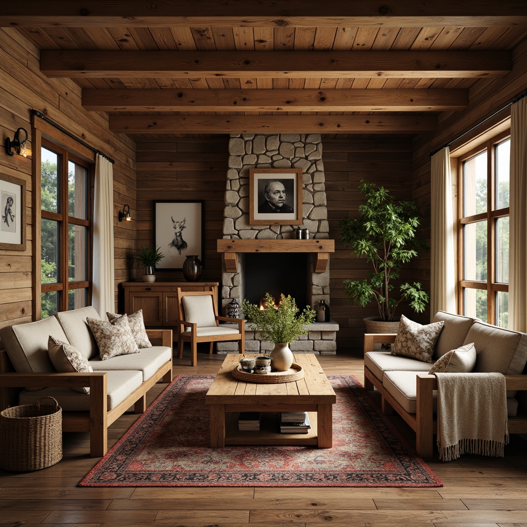 Prompt: Rustic wooden furniture, distressed finishes, natural textures, earthy color palette, vintage decorative accents, antique metal hardware, plush throw blankets, woven baskets, potted greenery, stone fireplaces, reclaimed wood walls, cozy cabin atmosphere, warm soft lighting, shallow depth of field, 1/1 composition, realistic wood grains, ambient occlusion.