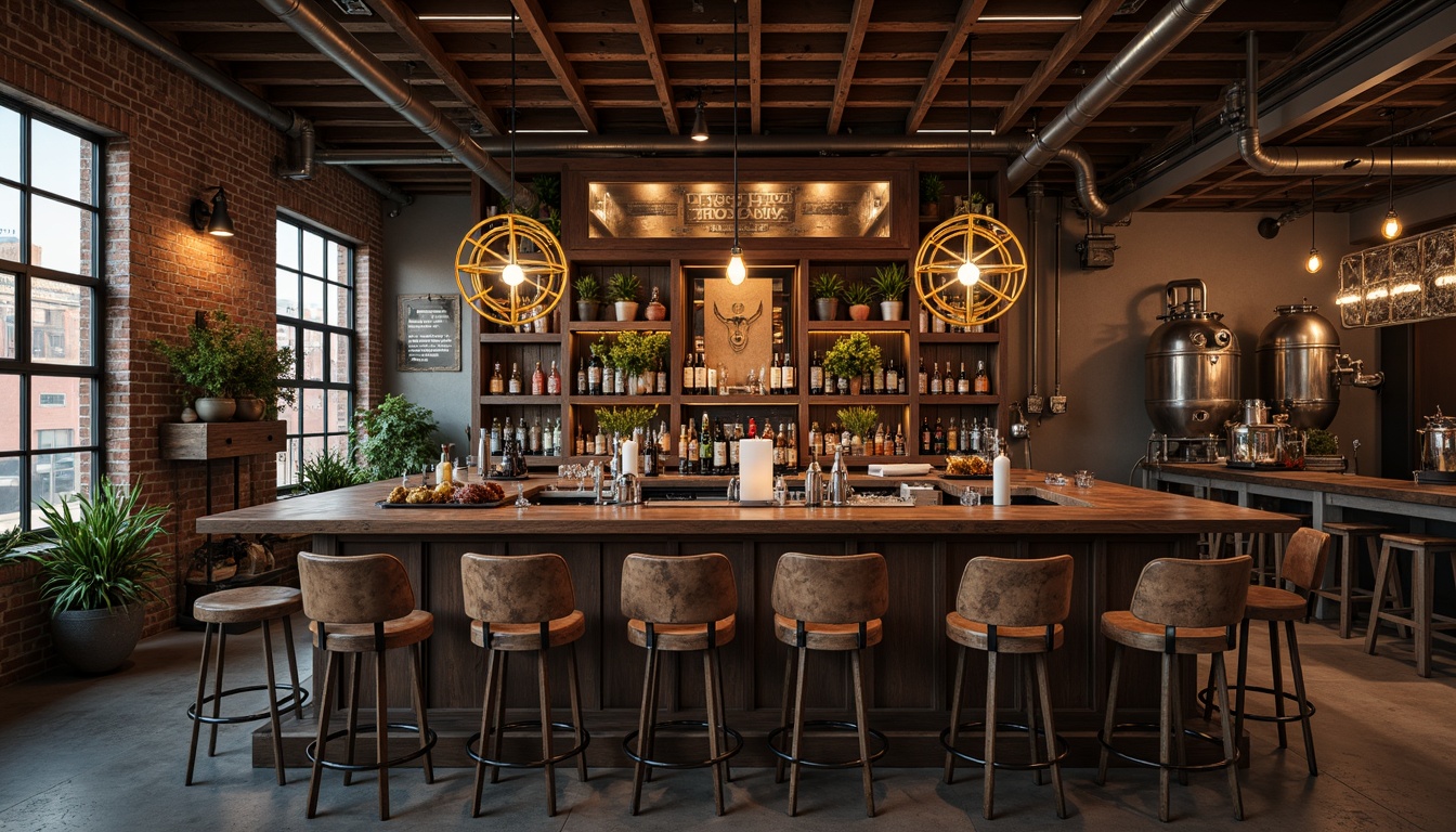 Prompt: Rustic wooden bar, exposed brick walls, metal pipes, industrial lighting fixtures, reclaimed wood accents, vintage manufacturing equipment, distressed leather stools, metallic beer barrels, Edison bulbs, urban loft atmosphere, dim warm lighting, shallow depth of field, 2/3 composition, gritty textures, realistic ambient occlusion.