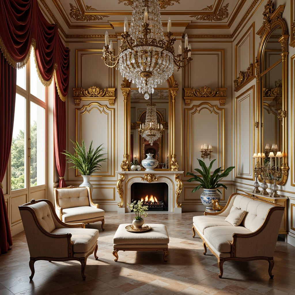 Prompt: Opulent Rococo-style palace, intricately carved wooden furniture, gilded ornaments, luxurious velvet upholstery, ornate mirrors, crystal chandeliers, delicate porcelain vases, curved lines, scalloped edges, cabriole legs, soft pastel colors, rich gold accents, lavish fabrics, tufted sofas, antique bronze hardware, intricate inlays, marble floors, grandiose scale, dramatic lighting, shallow depth of field, 1/2 composition, warm golden lighting.