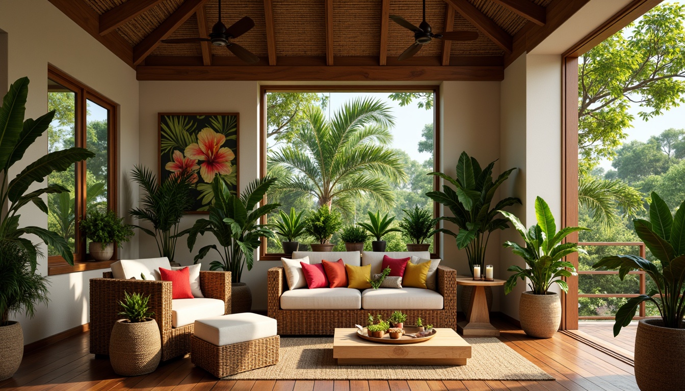 Prompt: Vibrant tropical living room, lush greenery, exotic palms, colorful hibiscus flowers, rattan furniture, woven textiles, natural wood accents, bamboo flooring, warm beige walls, large windows, soft diffused lighting, cozy reading nook, comfortable couch, plush throw pillows, tropical-inspired artwork, wooden ceiling fans, earthy terracotta pots, fragrant scented candles, relaxed atmosphere, 1/1 composition, shallow depth of field, realistic plant textures, ambient occlusion.