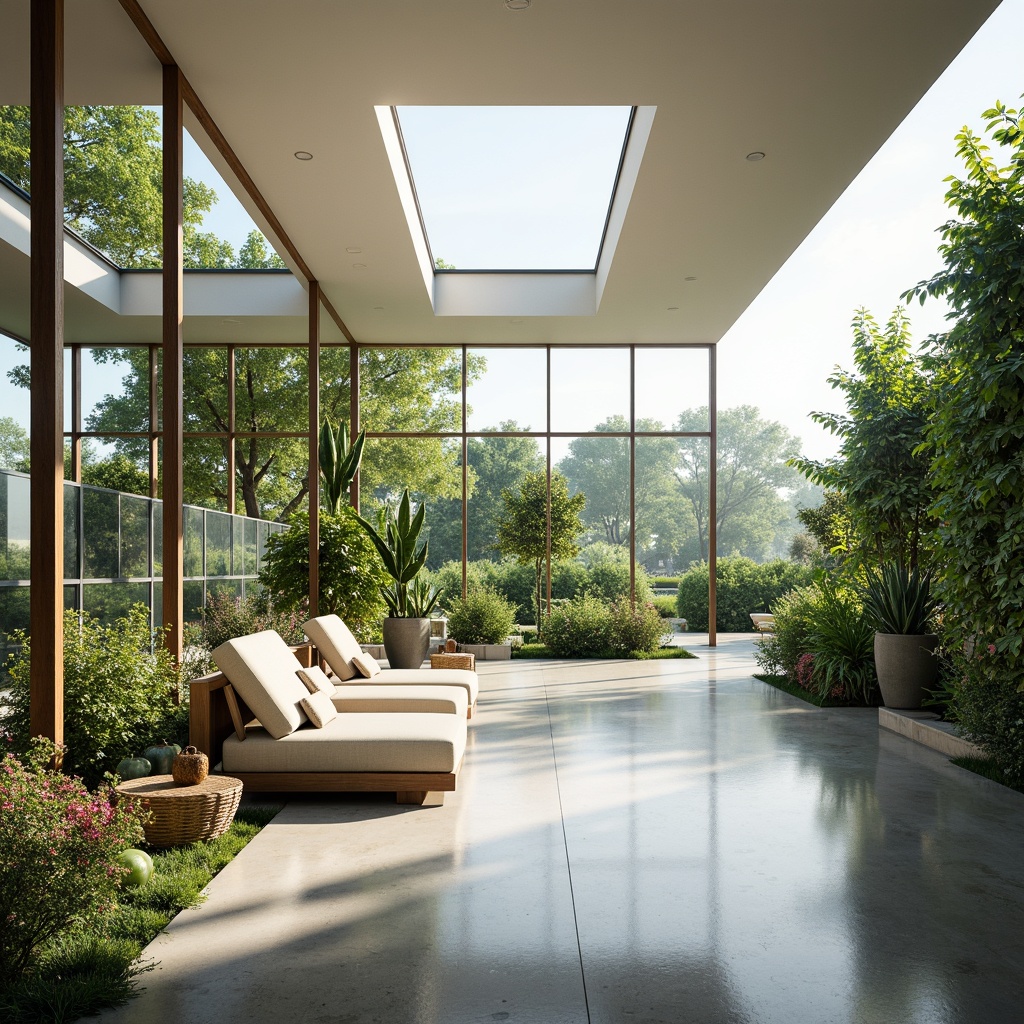 Prompt: Spacious open floor plan, high ceilings, oversized windows, clerestory windows, skylights, transparent glass walls, minimalist interior design, reflective flooring, light-colored walls, solar tubes, green roofs, living walls, vertical gardens, natural ventilation systems, operable windows, sliding glass doors, blurred boundaries between indoors and outdoors, seamless transitions, abundant foliage, lush greenery, vibrant flowers, sunny day, soft warm lighting, shallow depth of field, 3/4 composition, panoramic view, realistic textures, ambient occlusion.