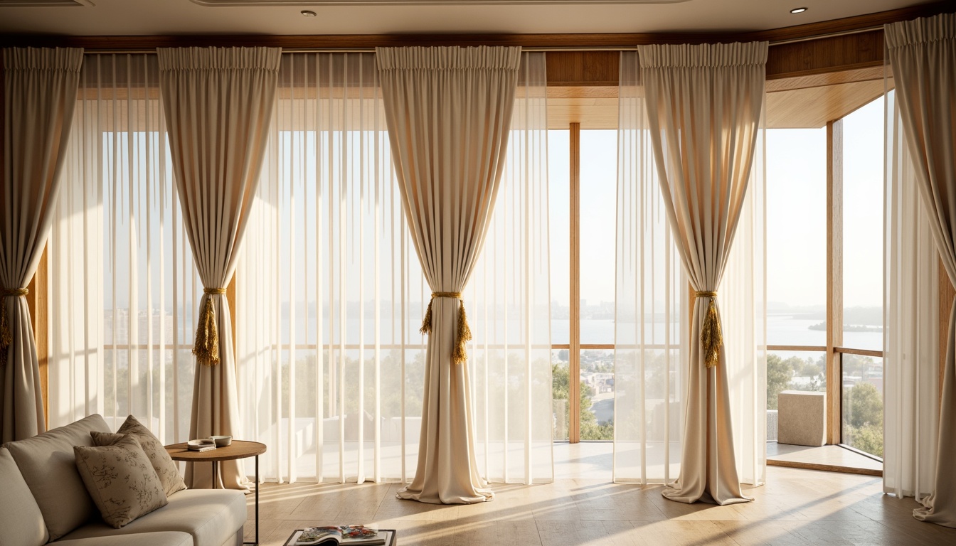 Prompt: Luxurious drapery, silk fabrics, soft folds, subtle sheen, neutral tones, creamy whites, rich wood accents, ornate cornices, flowing curves, delicate patterns, refined textures, elegant valances, sophisticated tiebacks, opulent tassels, lavish trimmings, sun-kissed views, warm natural light, soft diffused glow, 1/1 composition, shallow depth of field, realistic materials.