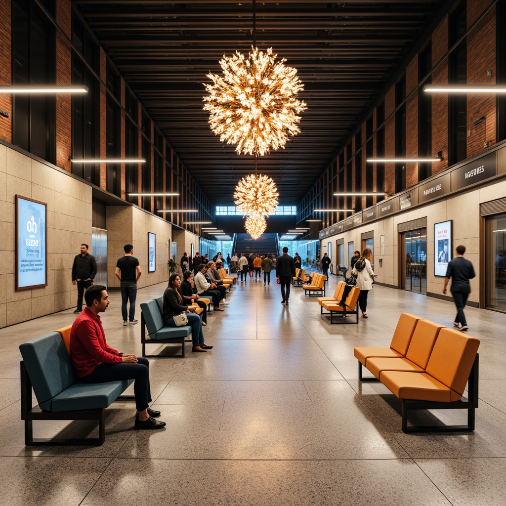 Prompt: Modern metro station interior, sleek benches, minimalist chairs, metallic frames, bold color accents, LED lighting, futuristic chandeliers, polished granite floors, geometric patterns, urban vibe, busy atmosphere, rush hour scenes, natural stone walls, steel beams, industrial chic decor, modular furniture systems, adaptive reuse designs, eco-friendly materials, dynamic LED displays, 1/2 composition, shallow depth of field, soft warm lighting, panoramic views.