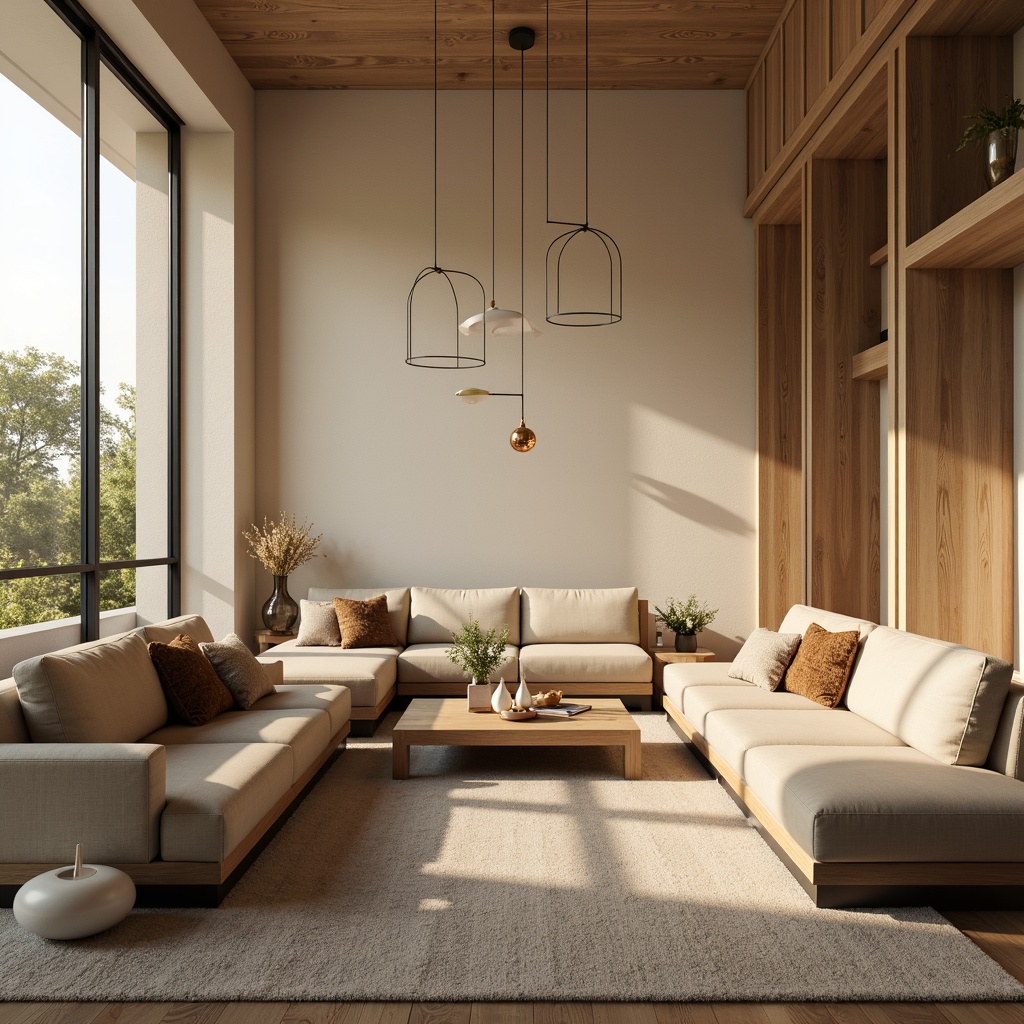 Prompt: Cozy living room, warm beige walls, comfortable sofas, modern coffee table, floor-to-ceiling windows, soft diffused lighting, elegant pendant lamps, metallic accents, minimalist design, subtle color palette, inviting atmosphere, afternoon sunlight, gentle warm glow, 1/1 composition, shallow depth of field, realistic textures, ambient occlusion.