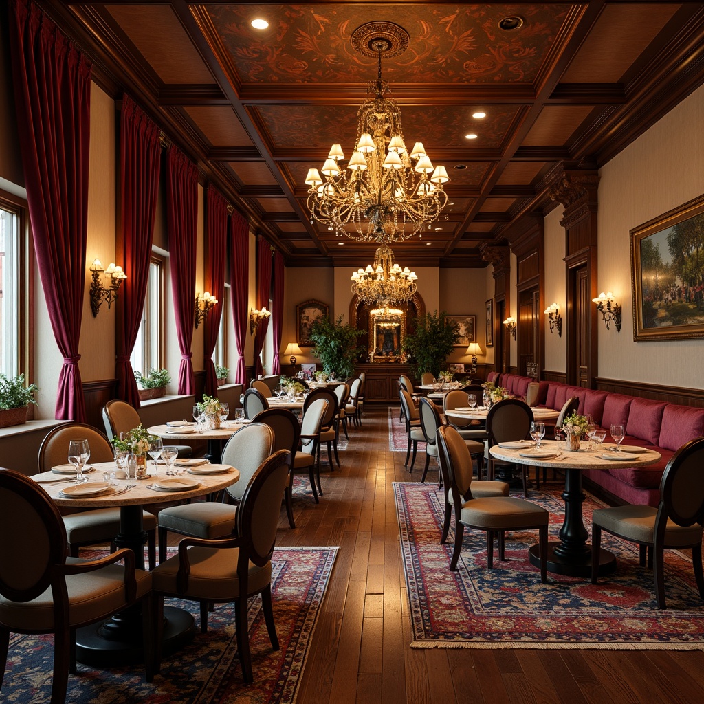 Prompt: Elegant dining room, rich wood flooring, ornate chandeliers, luxurious velvet drapes, refined marble tables, comfortable upholstered chairs, soft warm lighting, intimate ambiance, exquisite crystal glassware, vibrant colorful artwork, intricate patterned rugs, lavish gold accents, sophisticated wall decor, harmonious color palette, balanced composition, shallow depth of field, 1/1 aspect ratio.