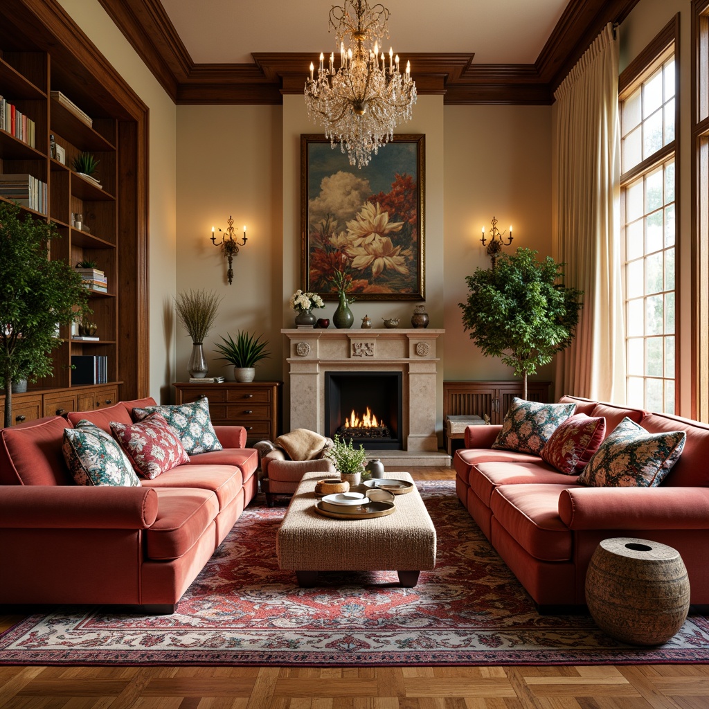 Prompt: Cozy living room, plush velvet sofas, soft cushions, warm beige walls, rich wood accents, elegant chandeliers, sophisticated rug patterns, vibrant colorful throw pillows, luxurious fabrics, intricate embroidery details, natural light pouring in, relaxed atmosphere, shallow depth of field, 1/2 composition, realistic textures, ambient occlusion.