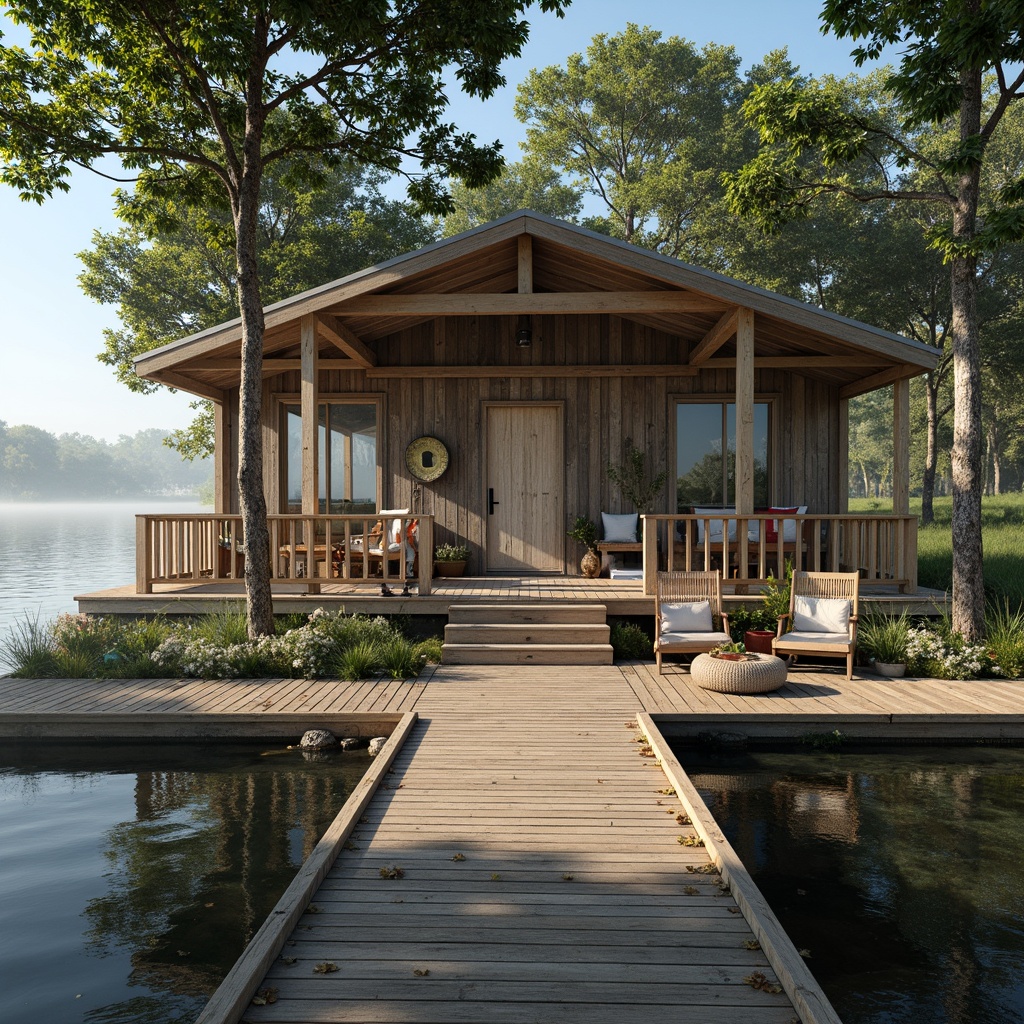 Prompt: Rustic boathouse, weathered wood, distressed finishes, earthy tones, mossy greens, sky blues, warm sandy neutrals, vintage nautical accents, faded reds, creamy whites, natural textiles, woven fibers, organic patterns, wooden docks, aquatic life, serene lake views, misty mornings, soft diffused lighting, shallow depth of field, 1/1 composition, realistic wood grains.