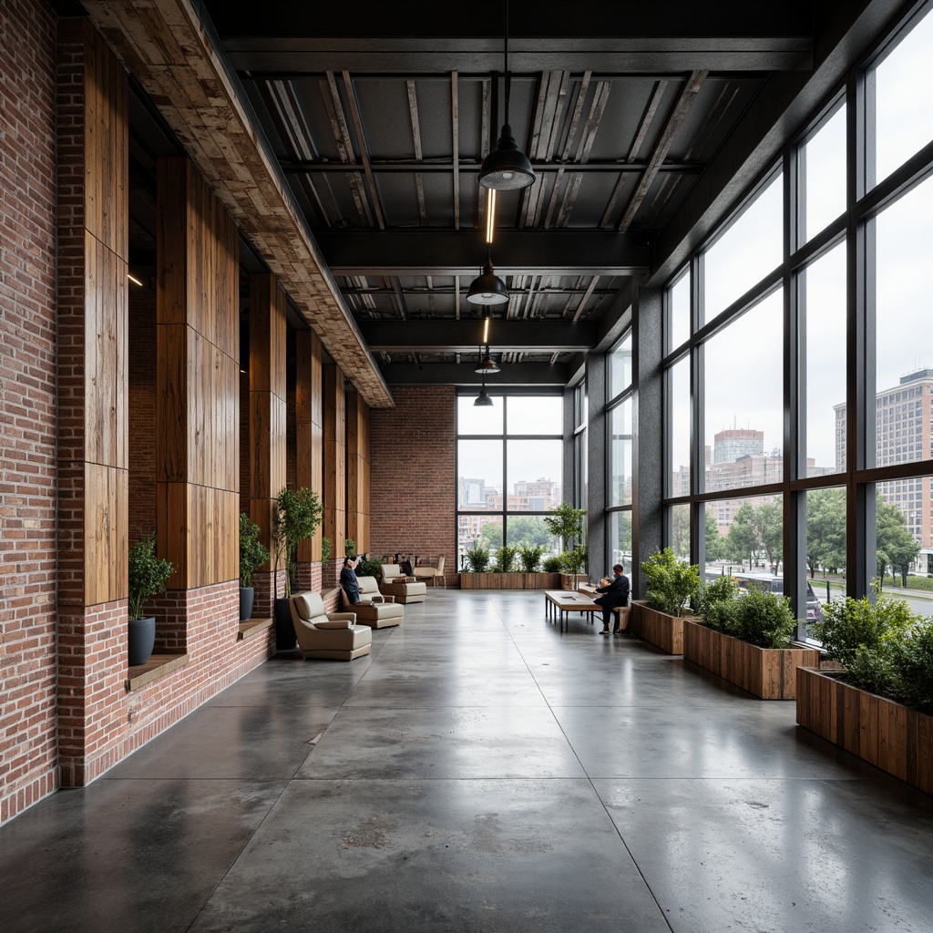 Prompt: Urban industrial landscape, exposed brick walls, metal beams, reclaimed wood accents, polished concrete floors, steel frame structures, corrugated metal cladding, industrial-style lighting fixtures, urban cityscape views, modern minimalist aesthetic, functional simplicity, raw unfinished textures, distressed finishes, neutral color palette, natural light pouring in, shallow depth of field, 1/1 composition, realistic reflections, ambient occlusion.