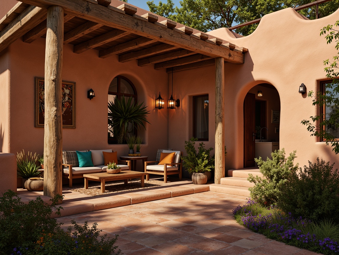 Prompt: Warm desert ambiance, soft warm lighting, golden hour glow, rustic wooden accents, earthy terracotta tones, woven textiles, vibrant turquoise hues, natural stone walls, adobe-inspired architecture, arched windows, lantern-style lighting, ambient occlusion, subtle shadowing, 1/1 composition, intimate atmosphere, cozy nooks, comfortable seating areas, lush greenery, cacti plants, Southwestern patterns, geometric motifs, warm color palette, inviting glow.