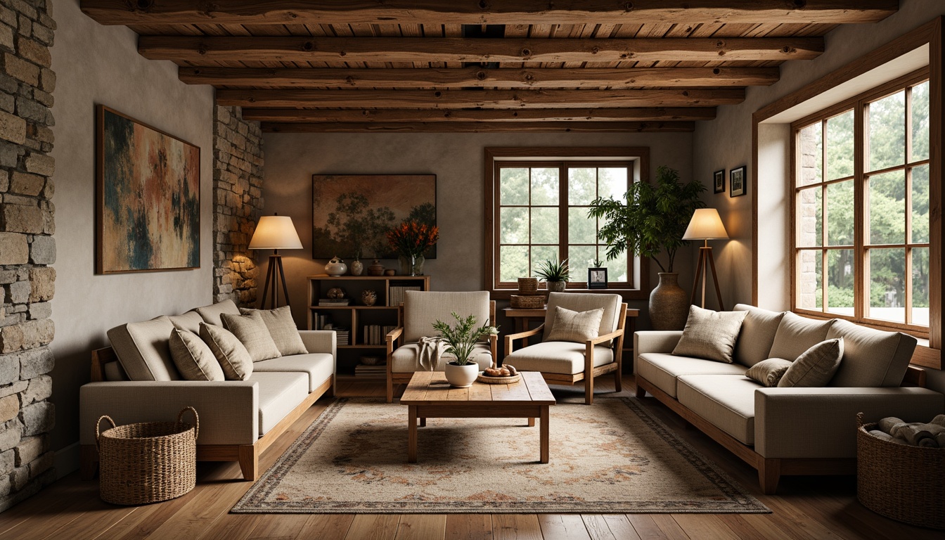 Prompt: Rustic living room, reclaimed wooden furniture, distressed finishes, earthy tones, natural textures, stone walls, wooden beams, vintage decorative items, warm cozy lighting, soft cushions, plush throw blankets, country-style accents, wooden floorboards, nature-inspired color palette, organic shapes, simple compositions, shallow depth of field, 1/1 composition, realistic wood grain textures.