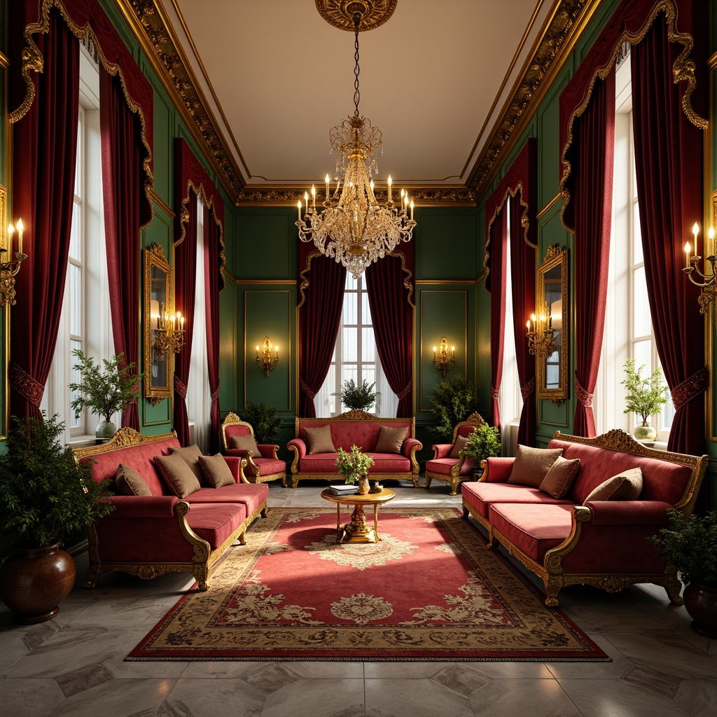 Prompt: Luxurious baroque interior, rich velvet fabrics, golden ornate details, intricately carved wooden furniture, lavish chandeliers, opulent marble floors, warm candlelight ambiance, deep jewel-toned colors, emerald green walls, crimson red accents, soft cream ceilings, ornate gilded mirrors, dramatic shadow lighting, 1/1 composition, realistic textures, ambient occlusion.