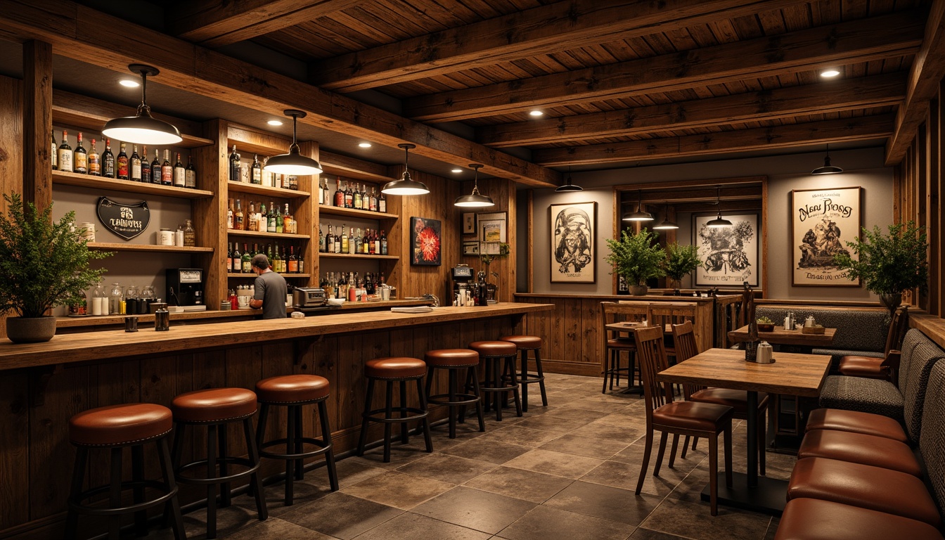 Prompt: Warm wooden bar counters, rich leather stools, rustic metal accents, dimly lit atmosphere, vintage beer signs, classic cocktail shakers, worn stone floors, distressed wood walls, earthy color palette, natural textiles, warm golden lighting, shallow depth of field, 2/3 composition, realistic textures, ambient occlusion.