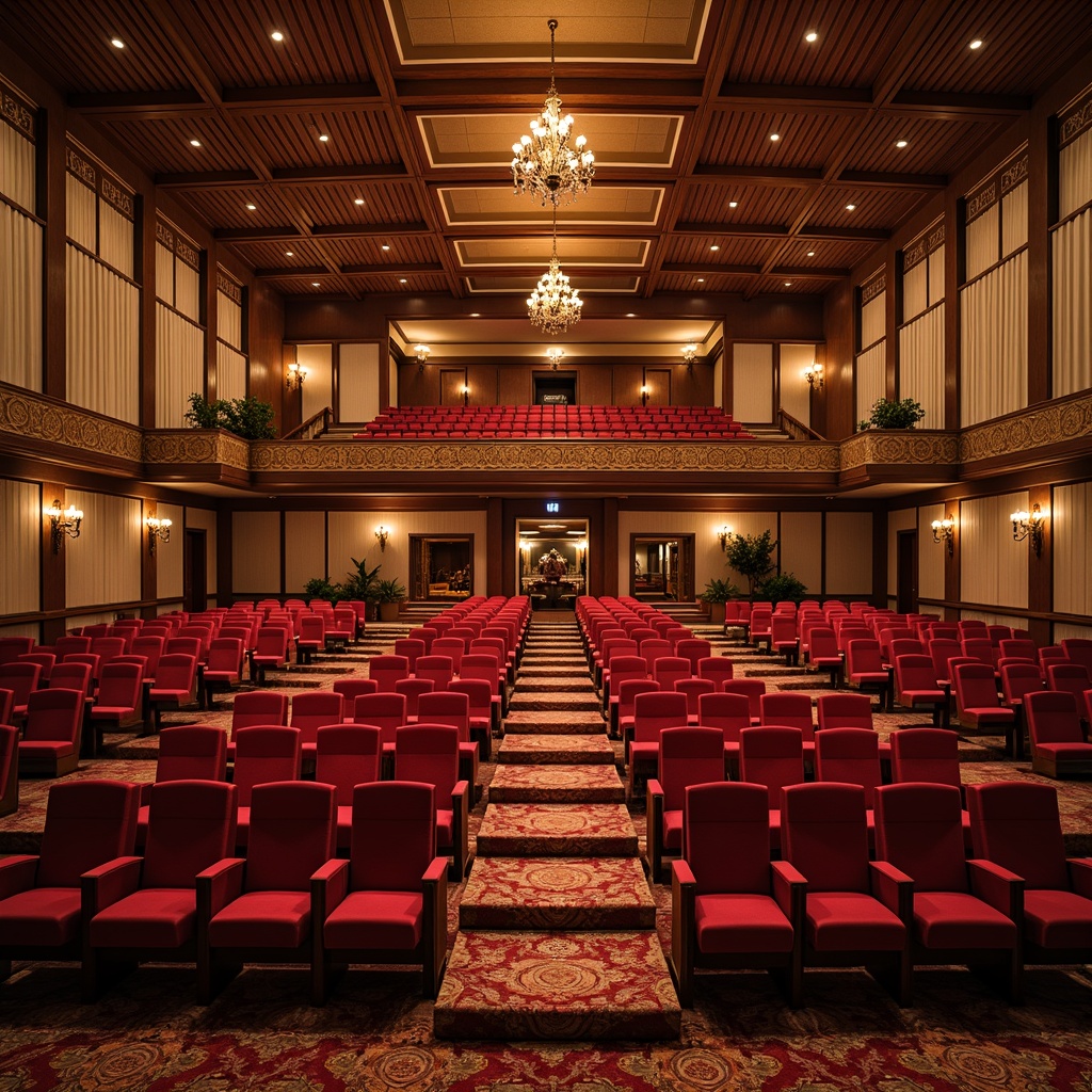 Prompt: Elegant auditorium interior, transitional style seating layouts, curved rows of seats, plush velvet upholstery, rich wood accents, ornate metalwork details, soft warm lighting, dramatic ceiling heights, sweeping archways, grand chandeliers, luxurious carpets, sophisticated color schemes, subtle patterns, comfortable aisle widths, ample legroom, versatile floor plans, acoustic paneling, state-of-the-art sound systems, minimalist d\u00e9cor, functional amenities, modern amenities integration, 1/1 composition, cinematic lighting, realistic textures.