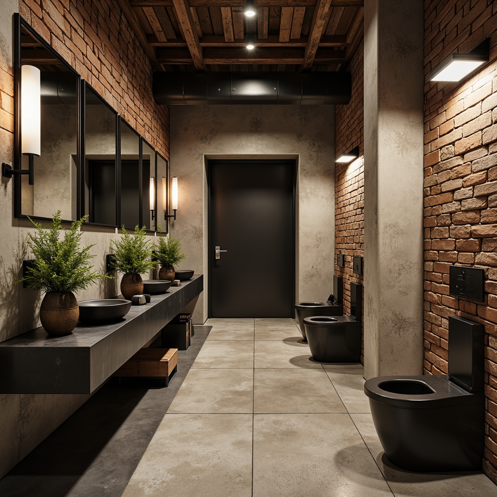 Prompt: Rustic powder room, industrial-style decor, concrete flooring, distressed metal accents, exposed brick walls, reclaimed wood textures, polished steel fixtures, matte black surfaces, edgy lighting fixtures, urban loft atmosphere, raw concrete columns, industrial-grade epoxy coatings, high-gloss polyurethane finishes, textured non-slip surfaces, heavy-duty commercial flooring, mechanical equipment visible, metallic color palette, high-contrast dramatic lighting, 1/2 composition, cinematic mood.