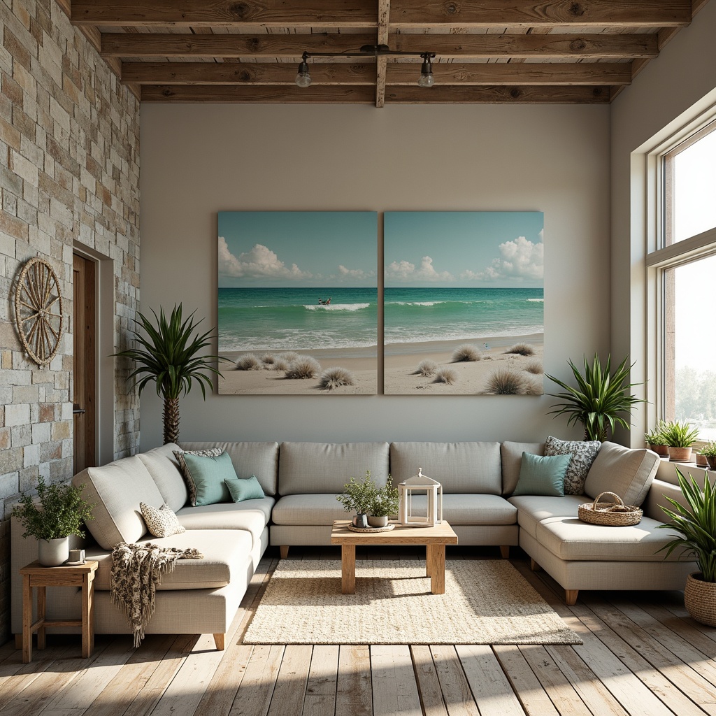 Prompt: Weathered wood planks, driftwood accents, rough-hewn stone walls, soft blue-green hues, beachy textures, ocean-inspired murals, sandy neutrals, sea-salt infused colors, distressed finishes, reclaimed wood, natural fibers, woven textiles, nautical ropes, subtle shell patterns, calming ambiance, warm sunny lighting, shallow depth of field, 1/1 composition, realistic reflections, ambient occlusion.