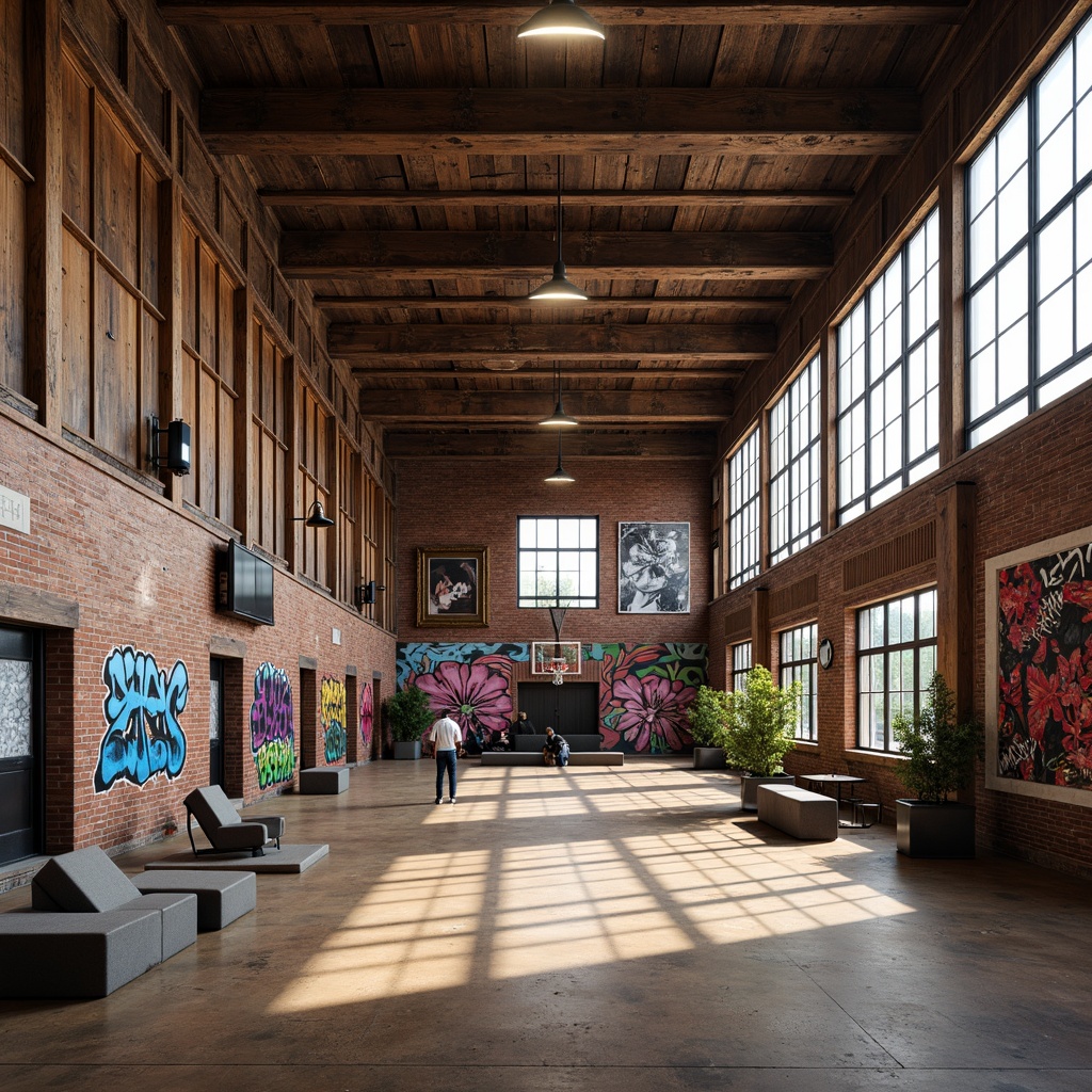 Prompt: Rustic gymnasium interior, distressed wood accents, industrial metal beams, exposed brick walls, vibrant colorful graffiti, eclectic mix of textures, bold geometric patterns, contrasting matte and glossy surfaces, dynamic lighting effects, warm atmospheric ambiance, high ceilings, open spaces, athletic equipment, sports-inspired furniture, modern abstract art pieces, edgy urban vibe, 1/1 composition, shallow depth of field, soft natural light, realistic material rendering.