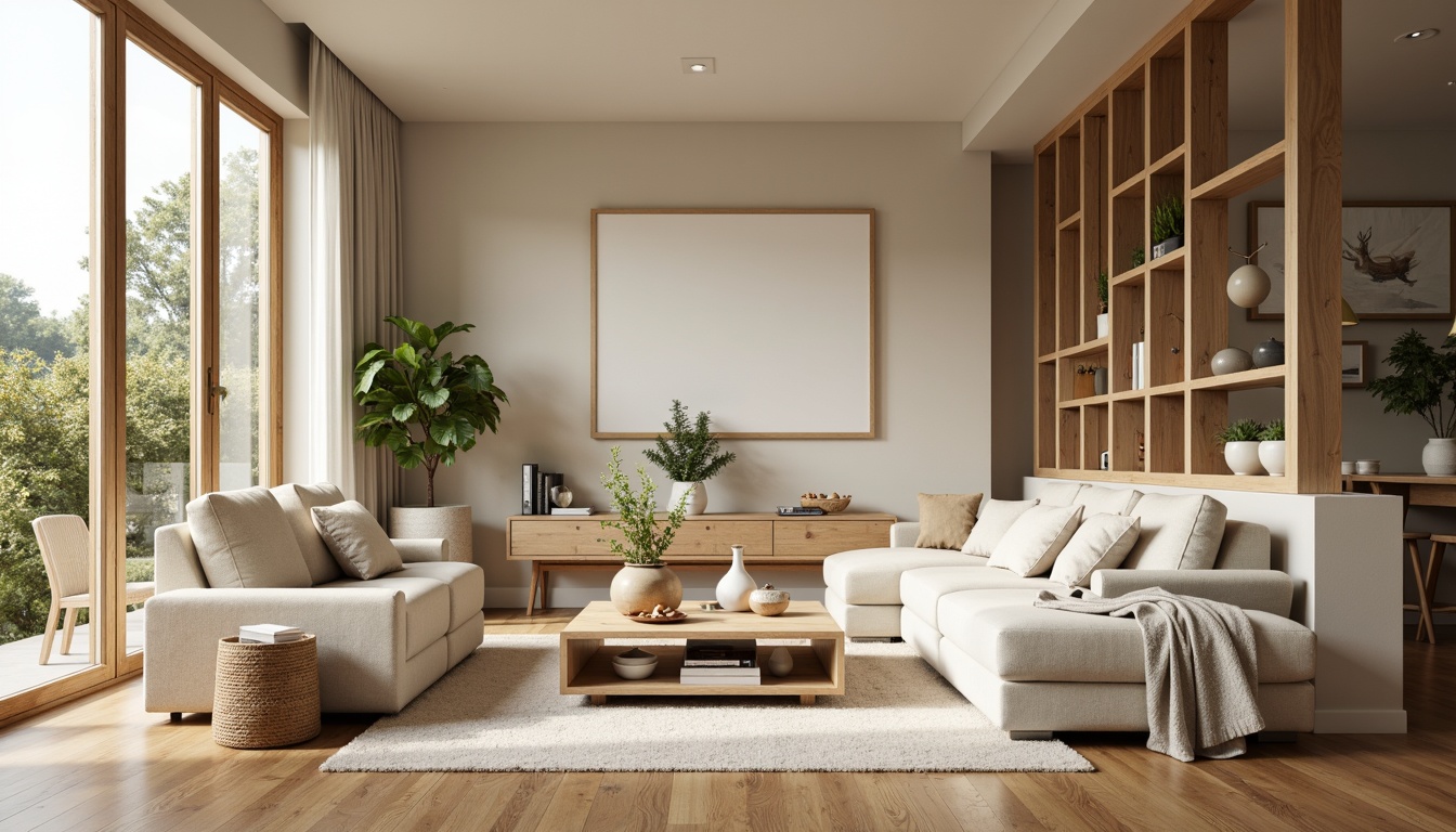 Prompt: Cozy living room, soft beige walls, comfortable couch, plush pillows, warm wooden floors, modern minimalist coffee table, decorative vases, greenery plants, natural light, large windows, calm atmosphere, relaxing ambiance, inviting color scheme, ergonomic furniture, ample storage space, open shelving units, rustic wooden accents, soft warm lighting, 3/4 composition, shallow depth of field, realistic textures.