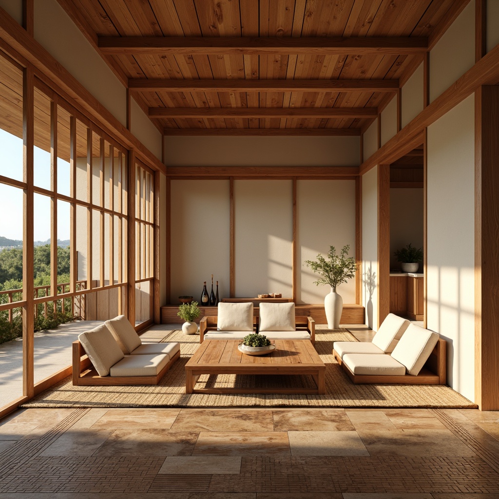 Prompt: Traditional Japanese tatami mats, natural wood tones, hand-scraped wooden planks, distressed wood finishes, woven bamboo flooring, rustic stone tiles, earthy terracotta hues, minimal ornamentation, soft warm lighting, shallow depth of field, 3/4 composition, panoramic view, realistic textures, ambient occlusion.