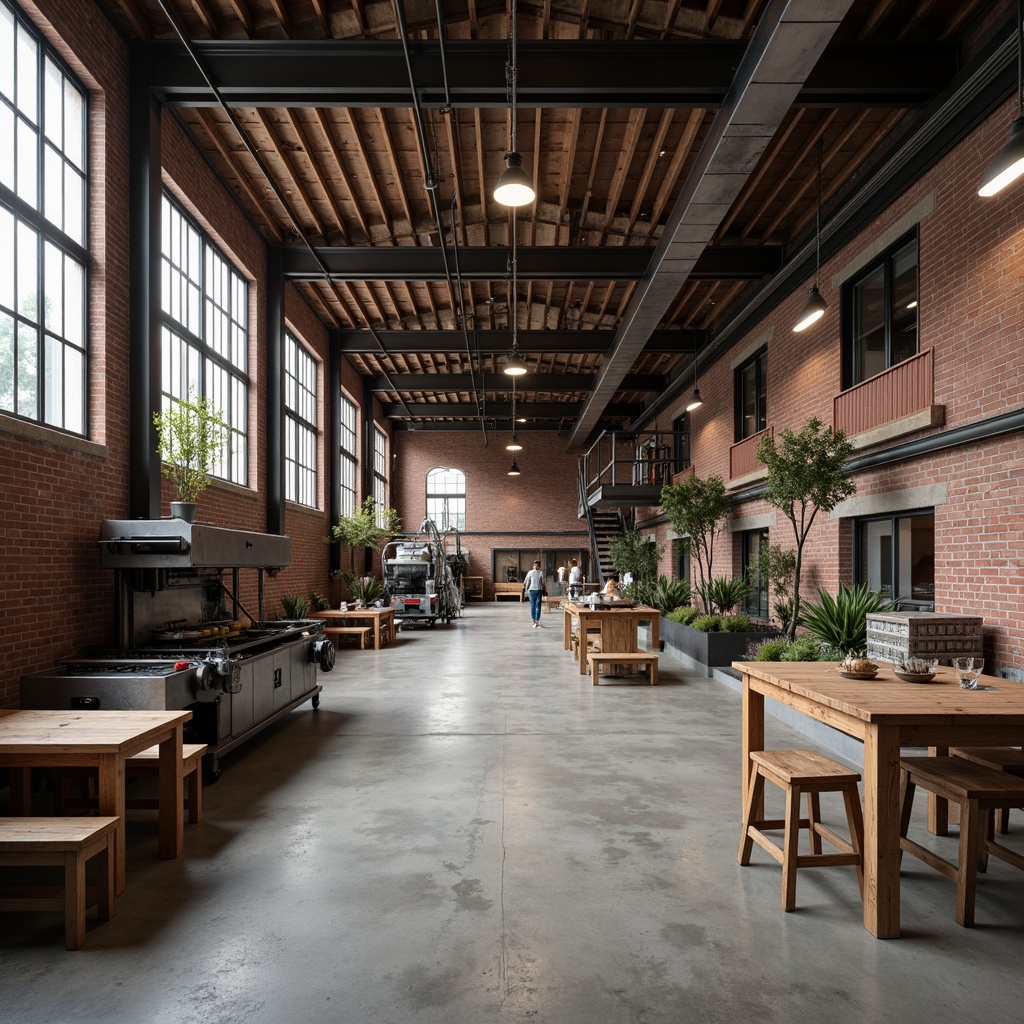 Prompt: Industrial warehouse, exposed brick walls, metal beams, concrete floors, functional lighting, neutral color palette, muted tones, earthy shades, industrial chic aesthetic, urban loft atmosphere, reclaimed wood accents, steel machinery, modern manufacturing equipment, bright LED lights, high ceilings, open space, functional layout, 3/4 composition, shallow depth of field, realistic textures.