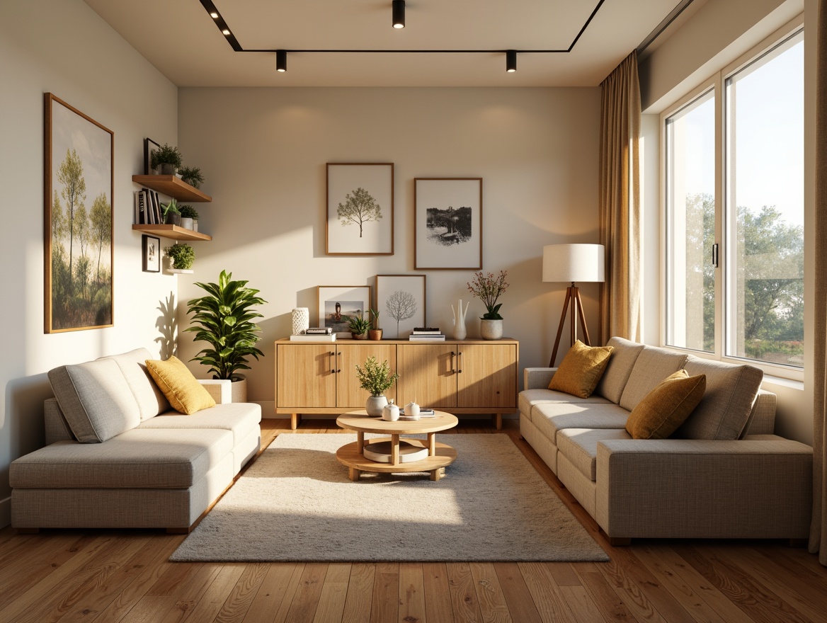 Prompt: Cozy living room, plush sofas, warm earthy tones, soft cushions, minimal decor, functional shelving units, elegant floor lamps, creamy white walls, polished wooden floors, tranquil atmosphere, abundant natural light, airy feel, 1/1 composition, shallow depth of field, warm golden lighting, realistic textures, ambient occlusion.