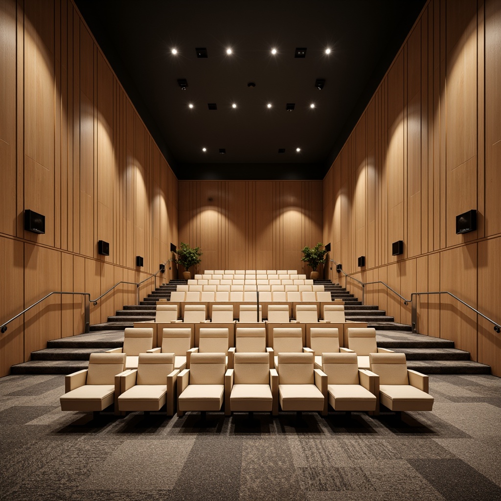 Prompt: Minimalist theater interior, Nordic-inspired color palette, light wood tones, sleek metal accents, geometric patterned textiles, comfortable cushioned seats, ergonomic design, modular seating arrangement, flexible auditorium layout, intimate performance space, warm atmospheric lighting, subtle shadows, shallow depth of field, 1/2 composition, realistic textures, ambient occlusion.