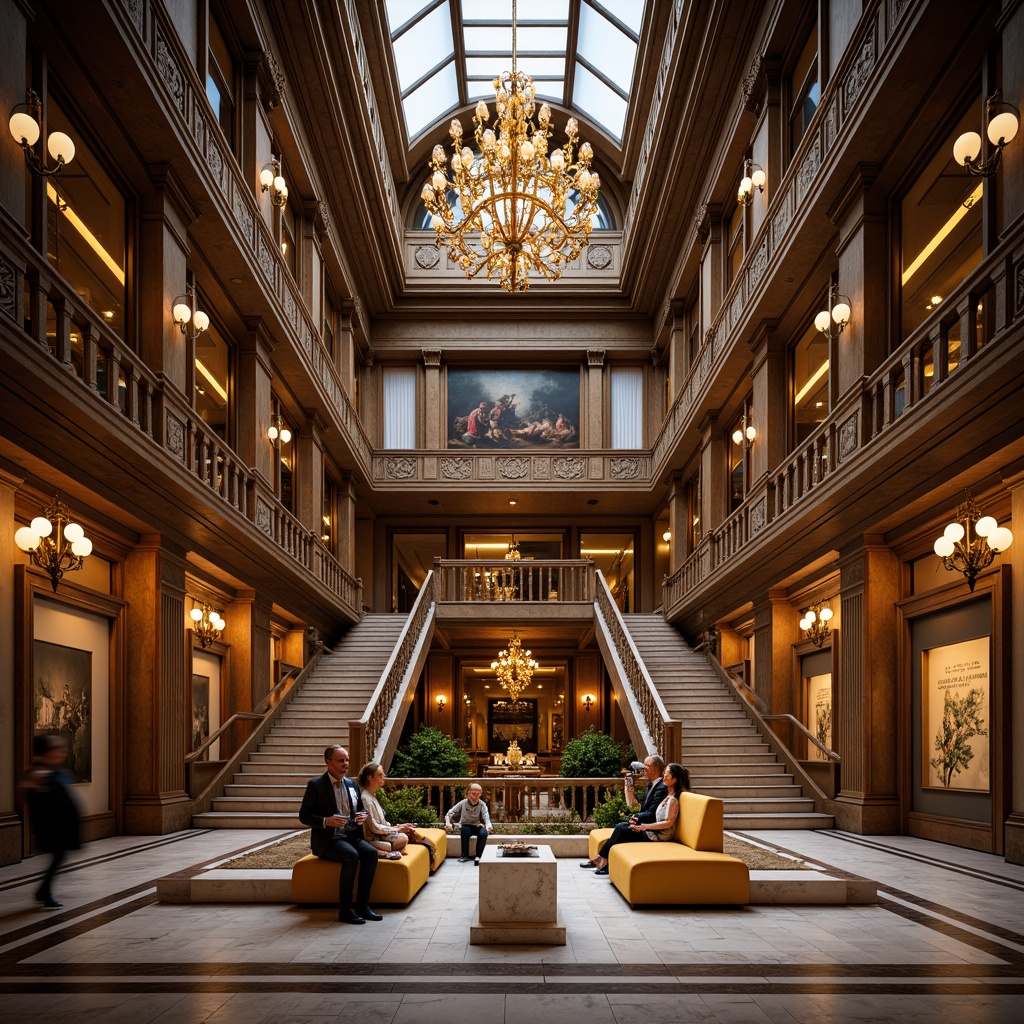 Prompt: Dramatic museum interior, eclectic style architecture, ornate details, grand staircase, lavish chandeliers, warm golden lighting, soft spotlights, LED accent lights, rich wood paneling, marble floors, intricate moldings, Renaissance-inspired paintings, ancient artifacts displays, floor-to-ceiling windows, natural daylight, ambient shadows, warm color temperatures, high contrast ratios, 1/1 composition, realistic textures, subtle glow effects.