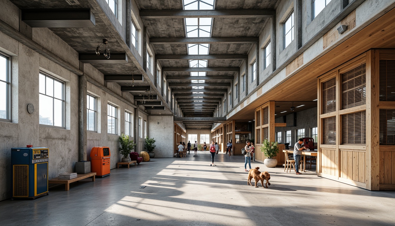 Prompt: Industrial metal framework, exposed ductwork, concrete floors, rustic wooden accents, functional lighting fixtures, neutral color palette, shades of gray, beige, and blue, pops of vibrant orange, safety yellow, and warning red, distressed textures, urban grittiness, industrial chic aesthetic, modern minimalist vibe, natural light pouring in, overhead skylights, clerestory windows, airy openness, 3/4 composition, shallow depth of field, realistic renderings.