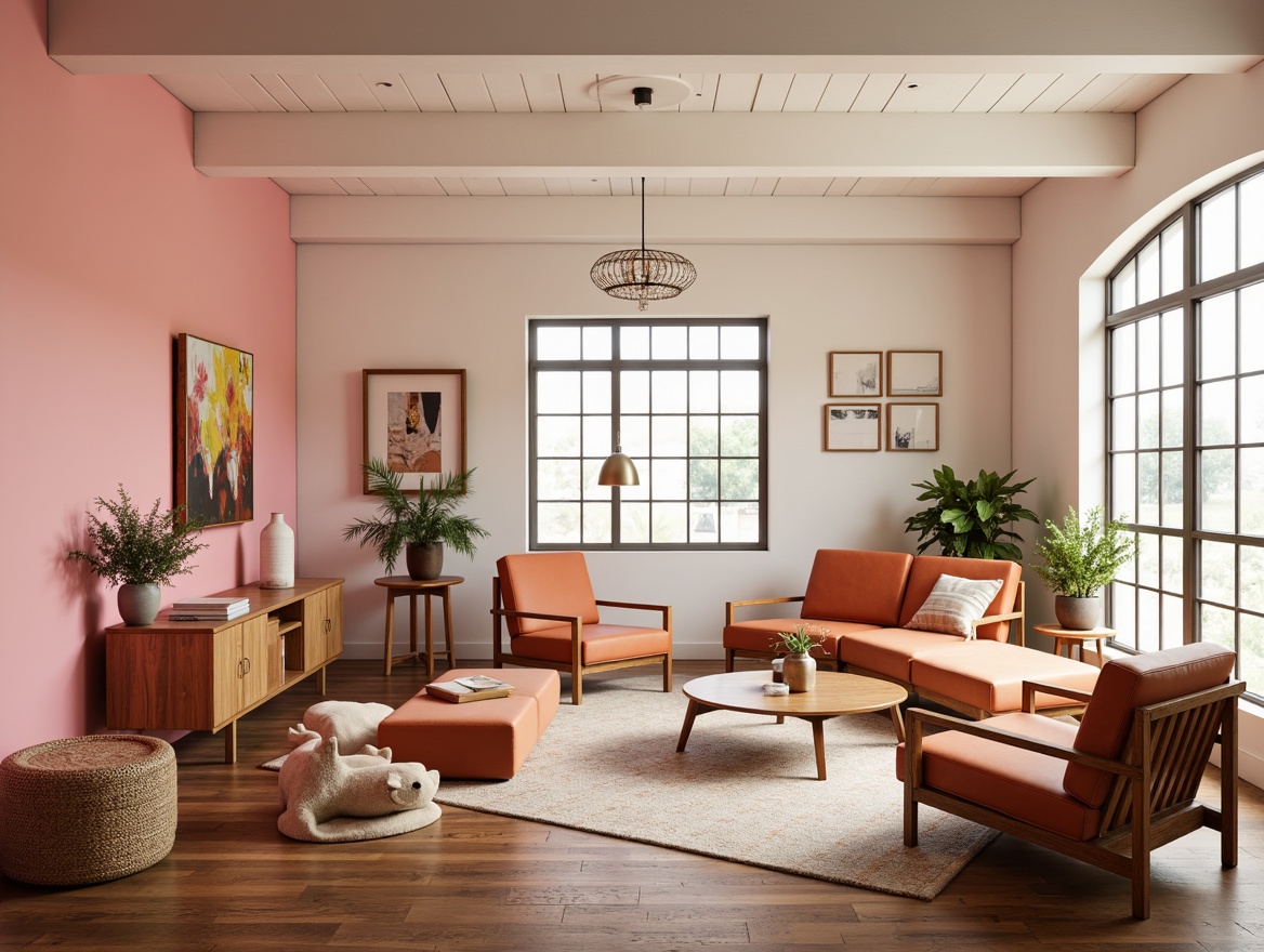 Prompt: Vibrant design studio, modern minimalist interior, sleek wooden furniture, bold color accents, pastel pink walls, creamy white ceilings, rich brown floors, industrial metal decorations, eclectic art pieces, natural textiles, warm task lighting, shallow depth of field, 1/1 composition, realistic renderings, ambient occlusion.