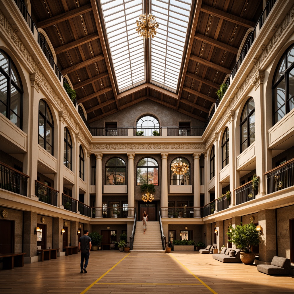 Prompt: Grand gymnasium hall, high ceilings, ornate chandeliers, wooden flooring, neoclassical columns, arched windows, rusticated stone walls, intricate moldings, decorative pilasters, carved wooden paneling, stained glass skylights, grand staircase, ornate metalwork, Renaissance-inspired frescoes, classical statues, warm golden lighting, shallow depth of field, 1/1 composition, symmetrical framing, realistic textures, ambient occlusion.