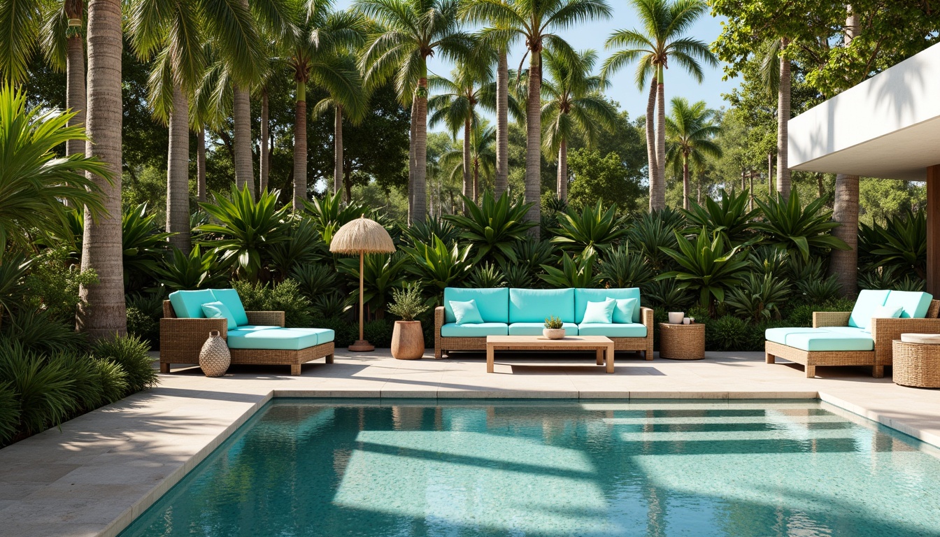 Prompt: Tropical poolside oasis, wicker rattan furniture, plush outdoor cushions, natural wood accents, vibrant turquoise upholstery, refreshing misting system, sunny day, palm tree shadows, tranquil water features, modern minimalist design, sleek steel frames, weather-resistant textiles, ambient lantern lighting, shallow depth of field, 1/1 composition, realistic reflections.