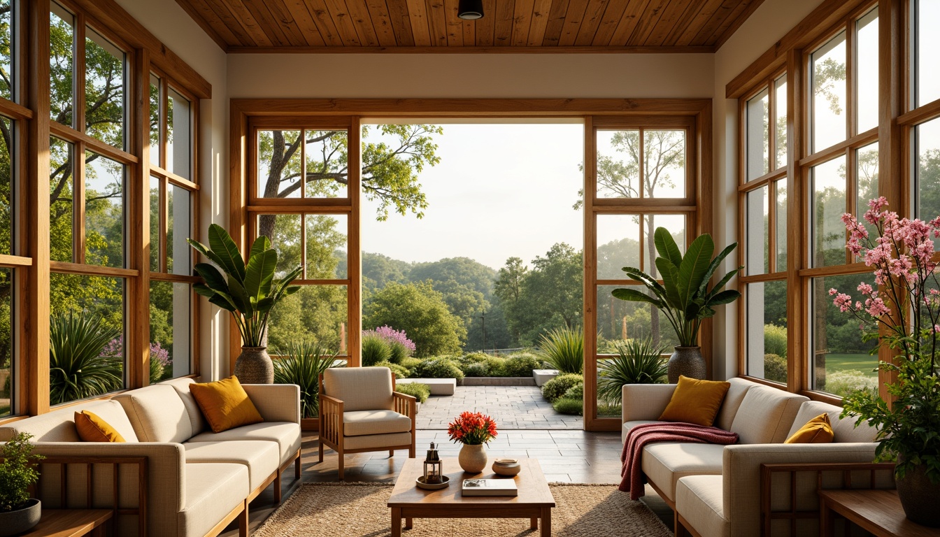 Prompt: Vibrant sunroom, warm natural light, lush greenery, blooming flowers, comfortable seating, woven textiles, reclaimed wood accents, earthy tone walls, soft beige upholstery, creamy white trim, bold yellow accents, natural stone flooring, panoramic views, sliding glass doors, cozy reading nooks, plush throw blankets, warm golden lighting, shallow depth of field, 3/4 composition, realistic textures.