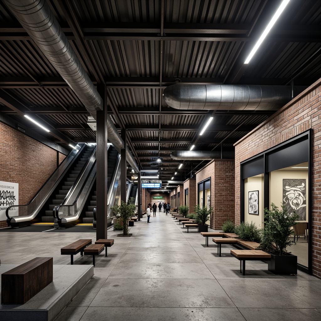 Prompt: Industrial train station, exposed steel beams, concrete flooring, metal pillars, modern LED lighting, futuristic escalators, minimalist benches, urban graffiti, distressed brick walls, industrial-style signage, overhead catwalks, open ceilings, functional ductwork, reclaimed wood accents, rusty metal textures, dramatic shadows, low-key lighting, 1/1 composition, realistic reflections, ambient occlusion.