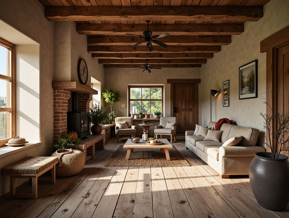 Prompt: Rustic farmhouse, traditional wooden floors, wide plank boards, distressed finishes, weathered wood tones, warm beige colors, natural stone accents, brick red hues, vintage metal decorations, reclaimed barn wood, woven rugs, soft candlelight, cozy atmosphere, 1/1 composition, shallow depth of field, realistic textures.