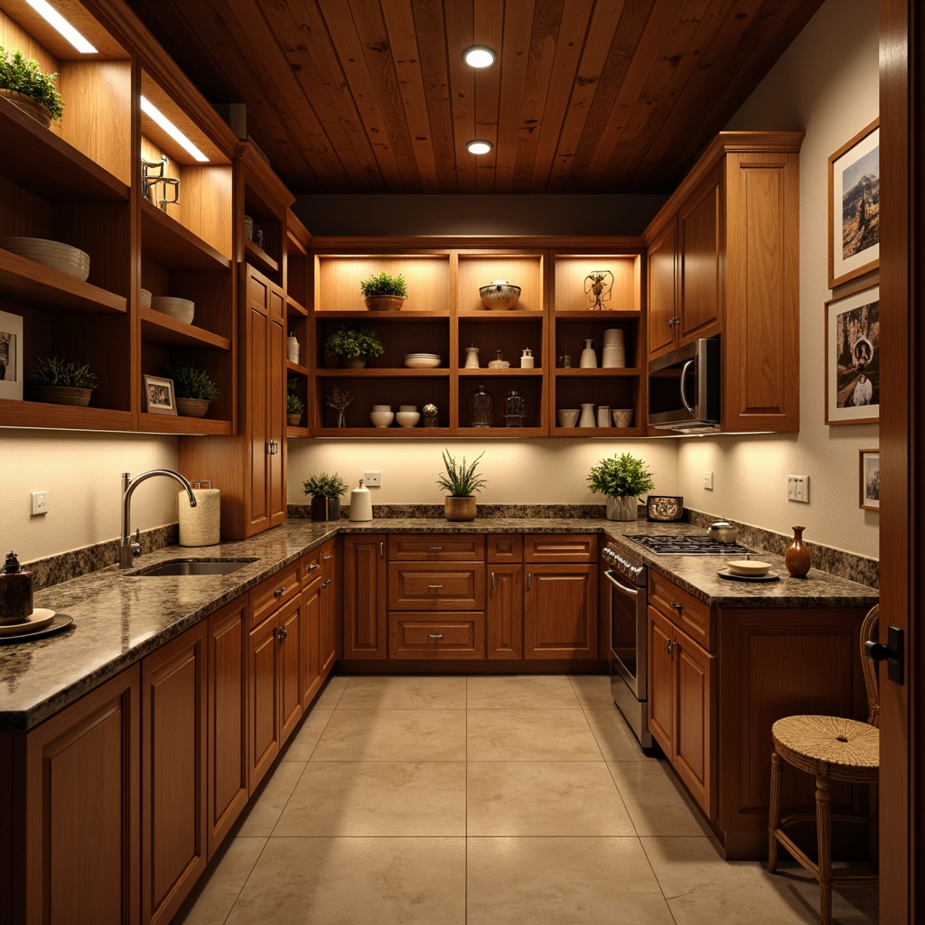 Prompt: Cozy pantry, warm wooden cabinets, modern countertops, sleek granite surfaces, rich brown tones, subtle texture variations, under-cabinet lighting, soft warm ambiance, 1/1 composition, shallow depth of field, realistic reflections, ambient occlusion.