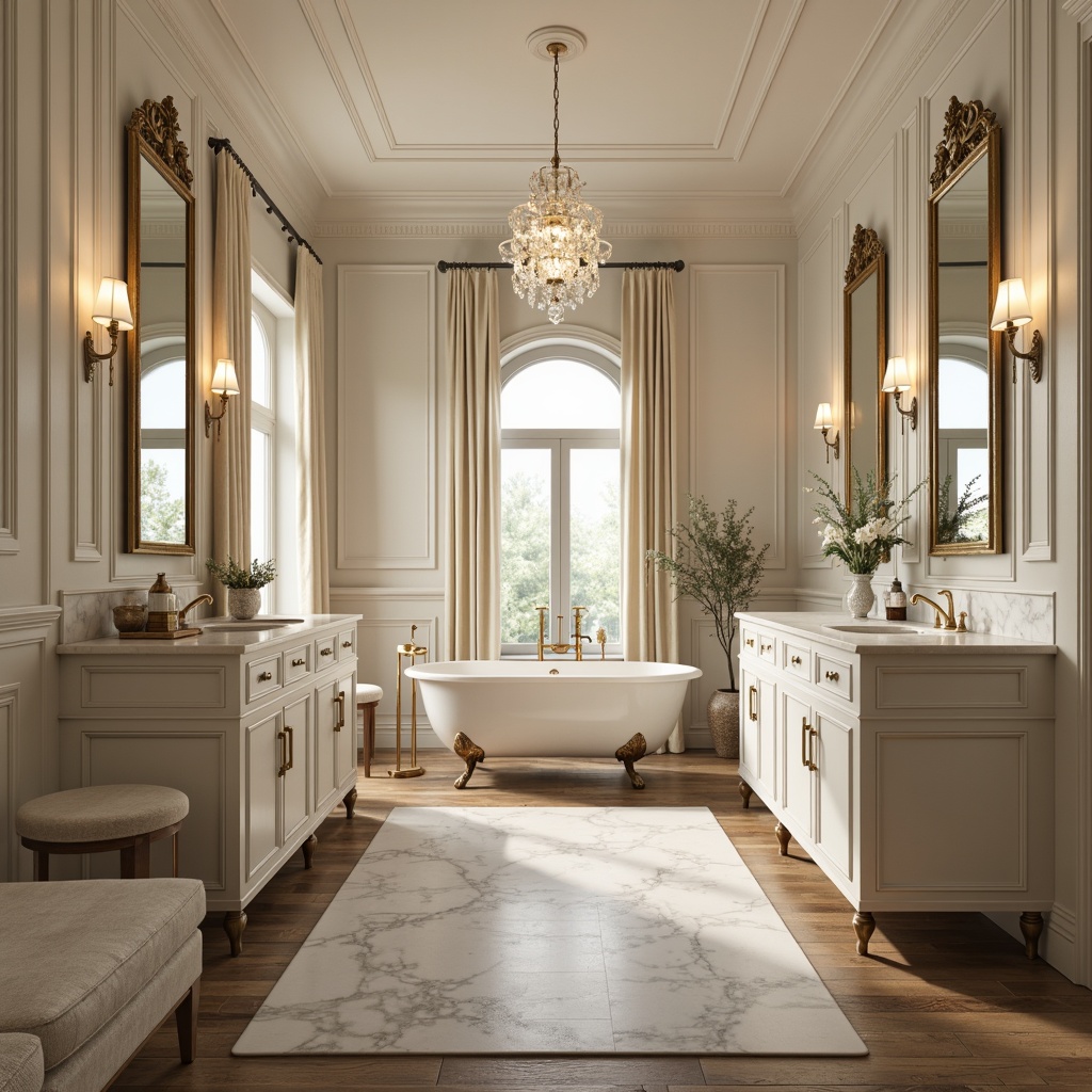 Prompt: Luxurious bathroom, classic marble countertops, creamy white cabinets, ornate gold fixtures, crystal chandelier, soft warm lighting, spa-like ambiance, freestanding tub, porcelain sink, elegant mirror frames, rich wood flooring, neutral beige walls, subtle texture contrast, calming atmosphere, natural stone accents, ornamental moldings, sophisticated color palette, gentle cream hues, soothing gray tones, warm beige undertones, luxurious velvet fabrics, refined metallic accents.