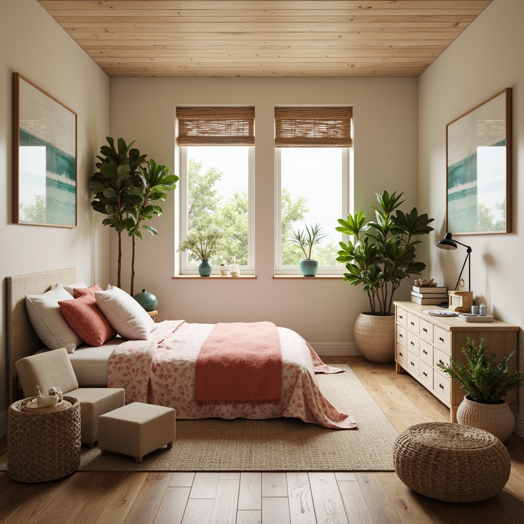 Prompt: Calming coastal dorm room, soft sandy beige walls, driftwood furniture, seafoam green accents, coral pink bedding, ocean-inspired artwork, natural textiles, woven sea grass baskets, distressed wood flooring, subtle nautical patterns, serene ambient lighting, warm sunny day, shallow depth of field, 1/2 composition, realistic textures, soft focus effect.