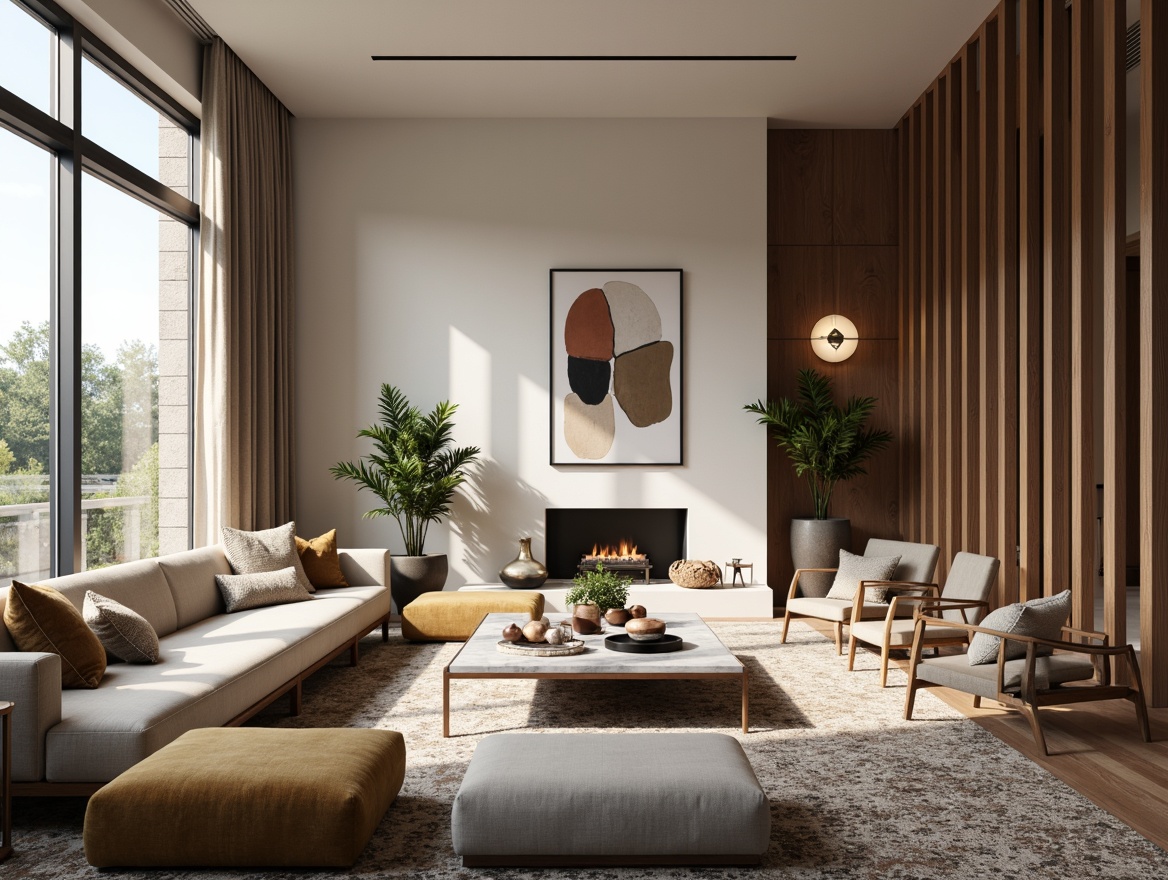 Prompt: Modern living room, sleek furniture, abstract artwork, rich wood accents, plush area rugs, velvet sofas, marble coffee tables, metallic lighting fixtures, floor-to-ceiling windows, natural fiber textiles, subtle patterned fabrics, neutral color palette, soft warm glow, shallow depth of field, 1/1 composition, realistic materials, ambient occlusion.