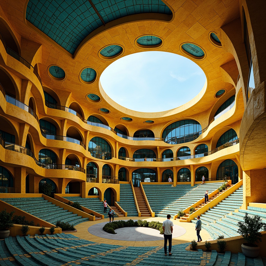 Prompt: Vibrant amphitheater, expressionist architecture, bold curvaceous lines, bright warm colors, golden yellow accents, deep blue hues, rich turquoise tones, intricate mosaics, ornate details, grandiose staircases, sweeping arches, dynamic lighting effects, dramatic shadows, cinematic atmosphere, high-contrast textures, abstract patterns, organic shapes, futuristic elements, 3D modeling, atmospheric perspective, panoramic view, high-dynamic-range imaging.Please let me know if this meets your expectations!