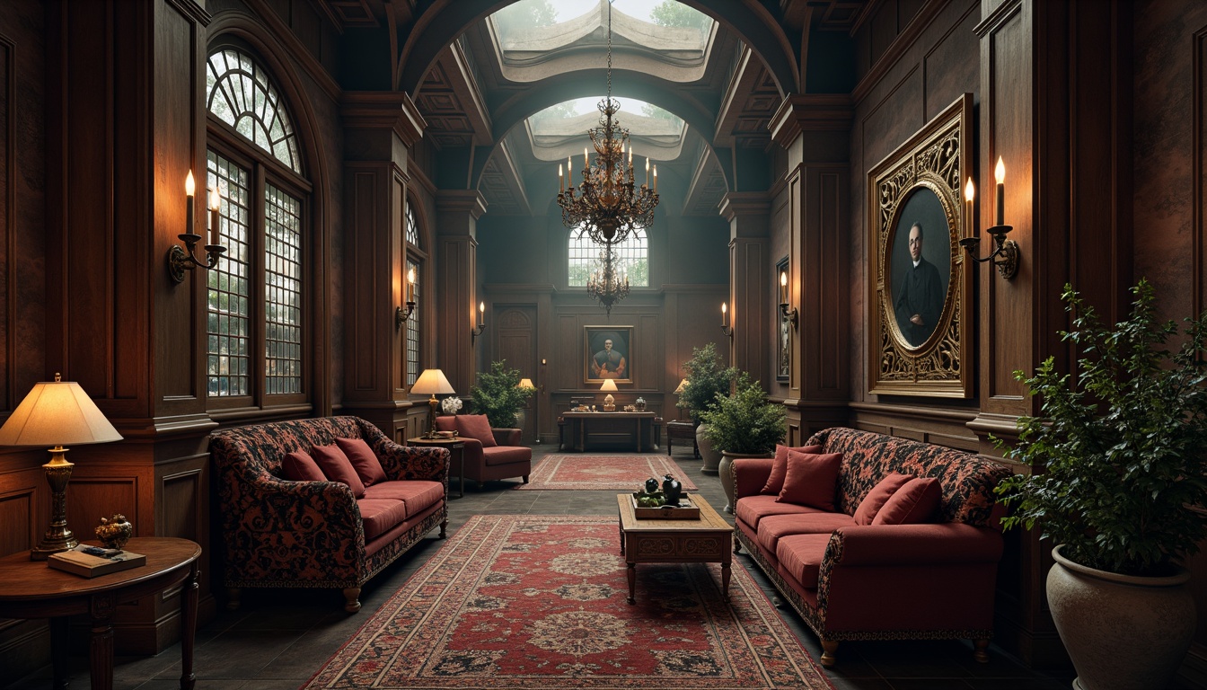 Prompt: Ornate wooden furniture, intricately carved gothic patterns, dark stained wood tones, luxurious velvet upholstery, heavy drapery, mysterious ambiance, grandiose chandeliers, medieval-inspired metalwork, mysterious crypt-like atmosphere, dimly lit corridors, atmospheric fog, dramatic high ceilings, arches and vaults, stone walls, mystical artifacts, ancient tomes, mysterious relics, eerie candlelight, cinematic composition, low-key lighting, mysterious shadows, ornate gold accents, luxurious textiles, gothic arch windows.