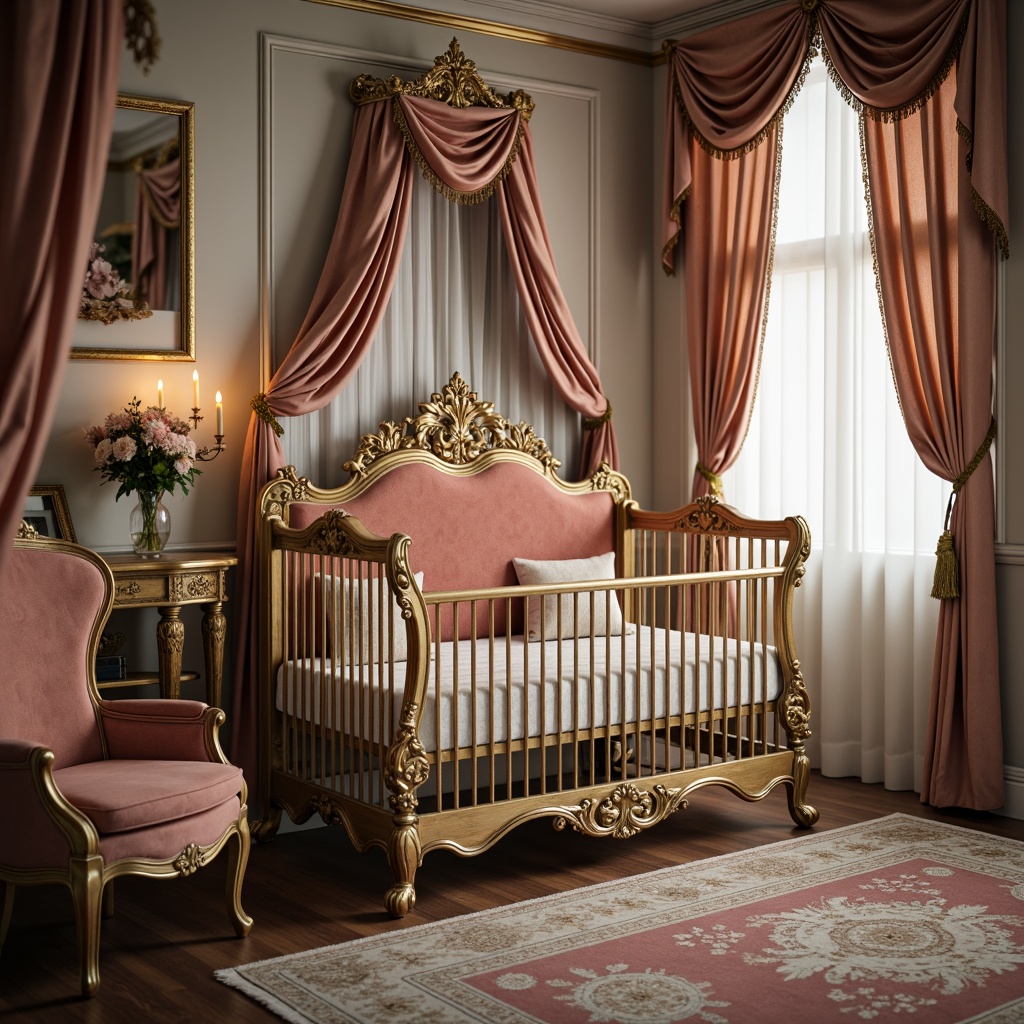 Prompt: \Ornate crib, velvet upholstery, golden accents, intricately carved wood, luxurious drapery, soft pastel colors, delicate lace trim, plush area rug, antique furniture pieces, Rococo-inspired patterns, richly textured fabrics, warm candlelight, shallow depth of field, 1/1 composition, realistic reflection, detailed normal maps.\