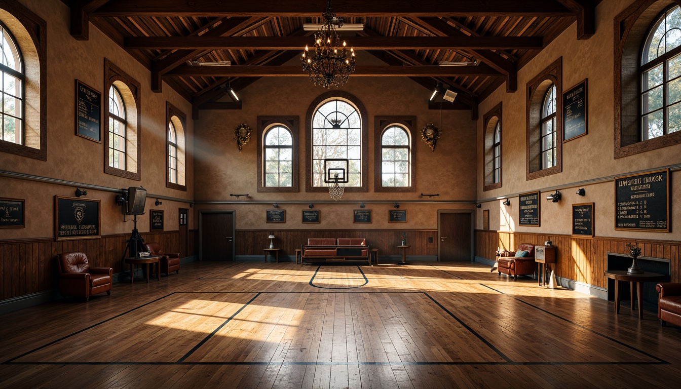 Prompt: \Renaissance-inspired gymnasium, dark-stained wooden flooring, polished to high gloss, ornate metalwork details, grand chandeliers, arched windows, vaulted ceilings, richly textured stone walls, vintage athletic equipment, antique scoreboards, distressed leather furniture, warm golden lighting, dramatic shadows, 1/1 composition, cinematic camera angles, realistic reflections, ambient occlusion.\