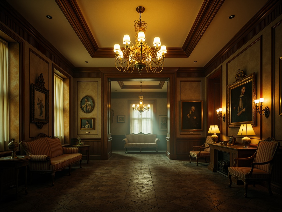 Prompt: Mysterious abandoned mansion, grand chandeliers, warm golden lighting, foggy atmosphere, eerie shadows, creepy corridors, dimly lit rooms, flickering candles, ornate mirrors, lavish furnishings, intricate wood carvings, dusty cobwebs, old portraits, mysterious artifacts, soft focus, low-key lighting, cinematic mood, 1/1 composition, realistic textures, ambient occlusion.